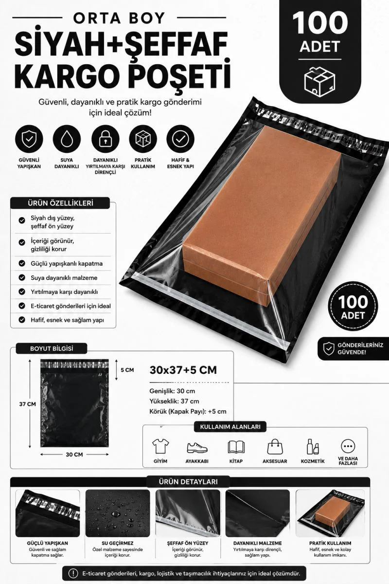 Orta Boy Siyah Şeffaf Kargo Poşeti 30x37+5 Cm 100 Adet – Profesyonel E-Ticaret Paketleme Fiyatı, Yorumları ve Özellikleri