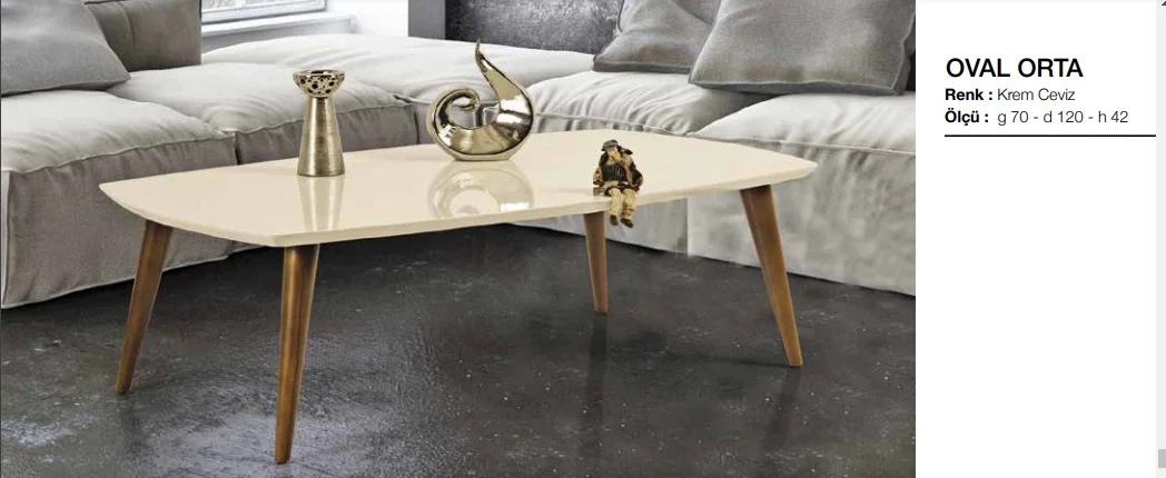 Orta sehpa 11781 OSM OVAL Kayın Retro Ayak Krem Ceviz Tabla Kutu 