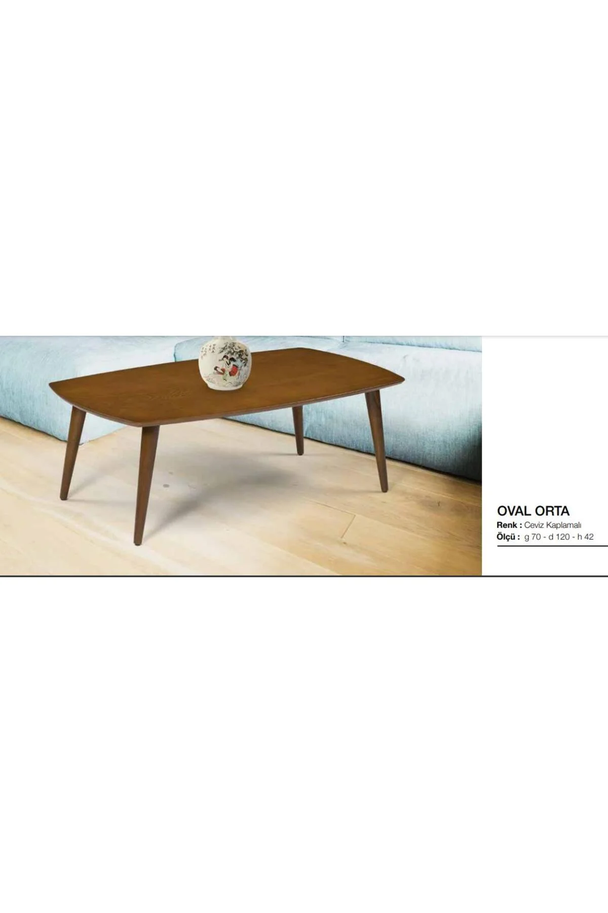 Orta sehpa 11782 OSM OVAL Model Kayın retro Ayak Parlak Ceviz Tabla El Yapım - Görsel 3