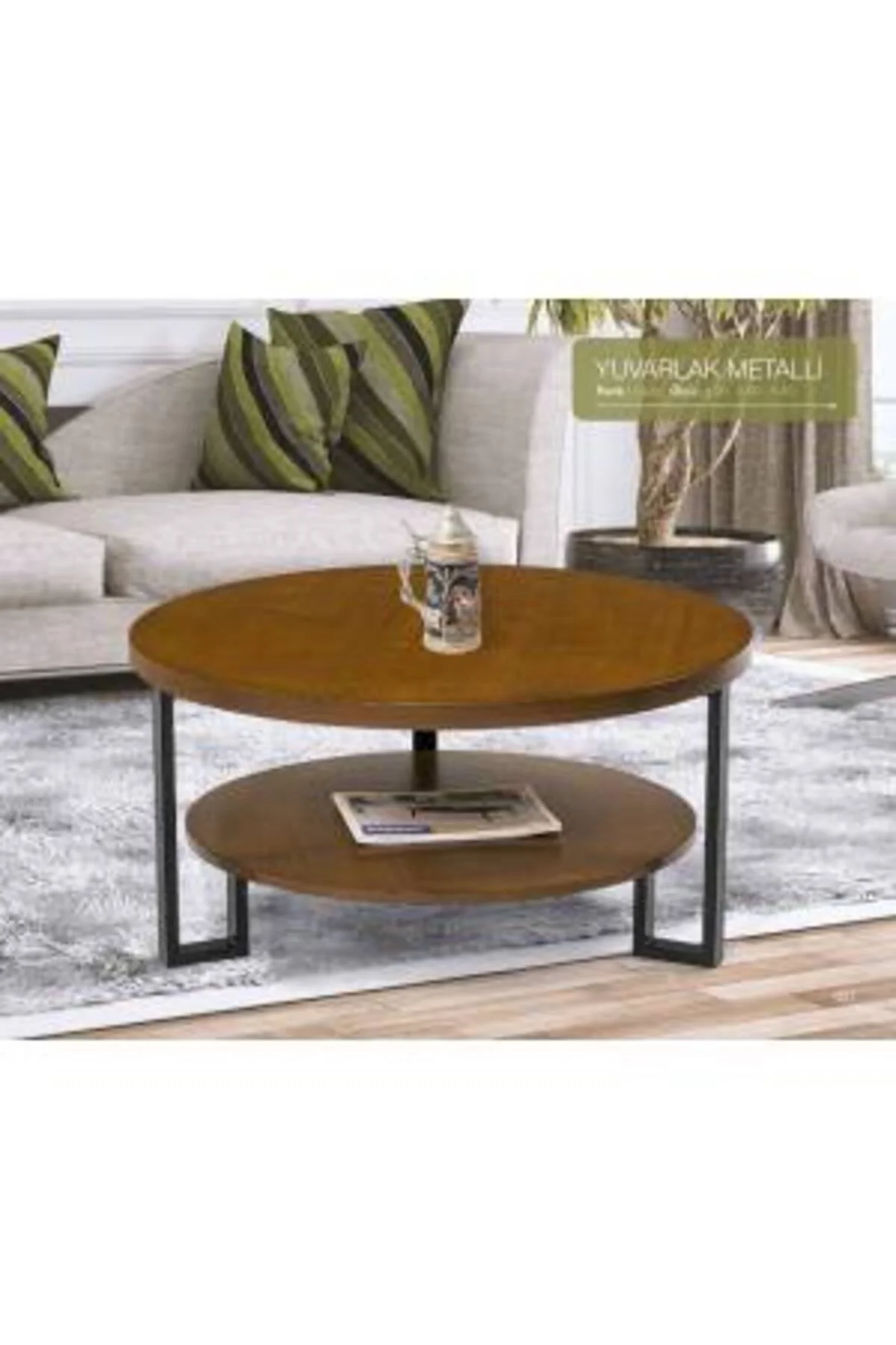Orta Sehpa 12341 Osm Yuvarlak metal Model Ayak Parlak Ceviz Boya Demonte El yapı - Görsel 2
