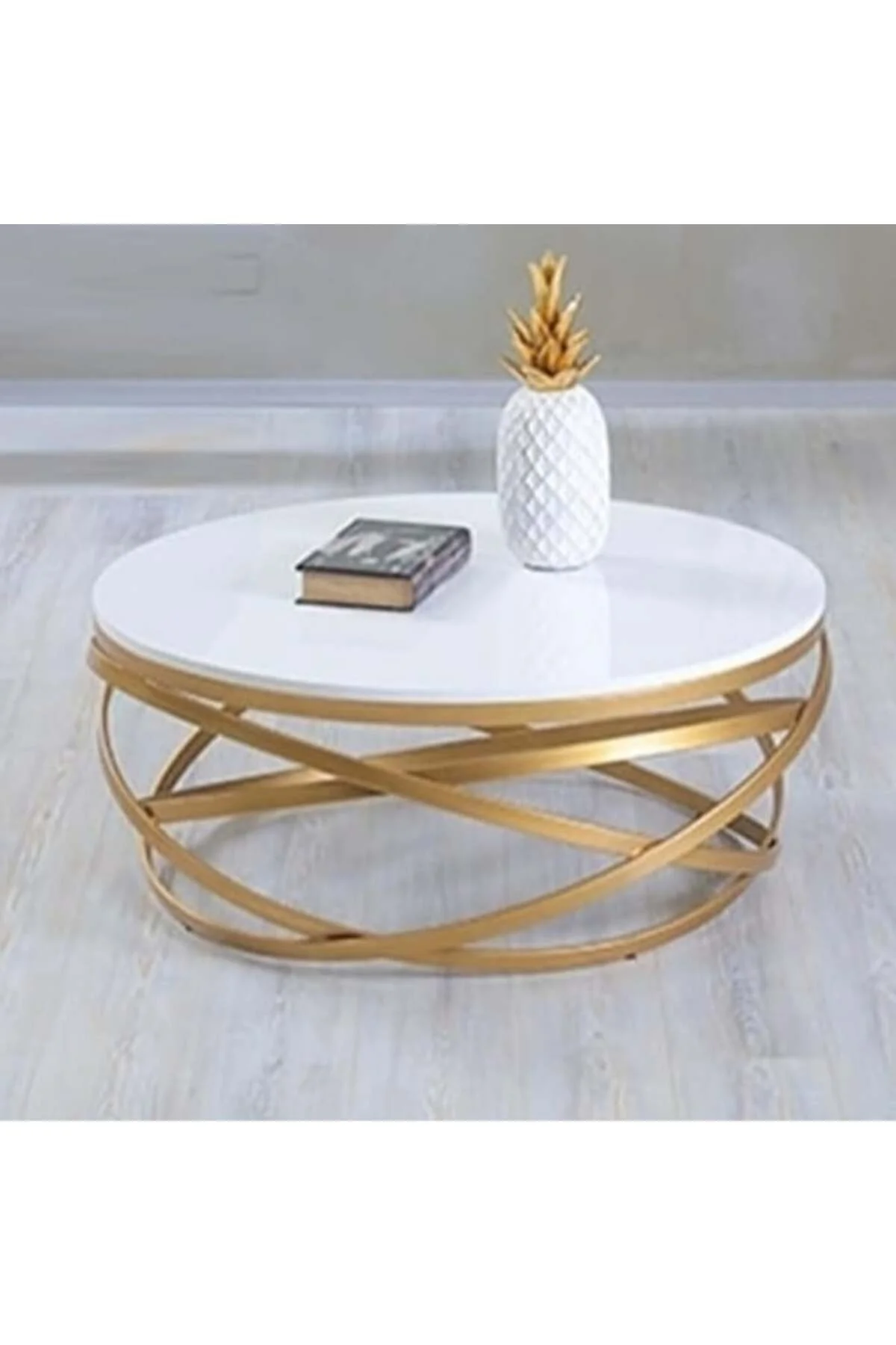 Orta Sehpa 17144 ZLF Dalga Metal Ayak Gold renk Kaplama Beyaz MDF Tabla El Yapım - Görsel 3