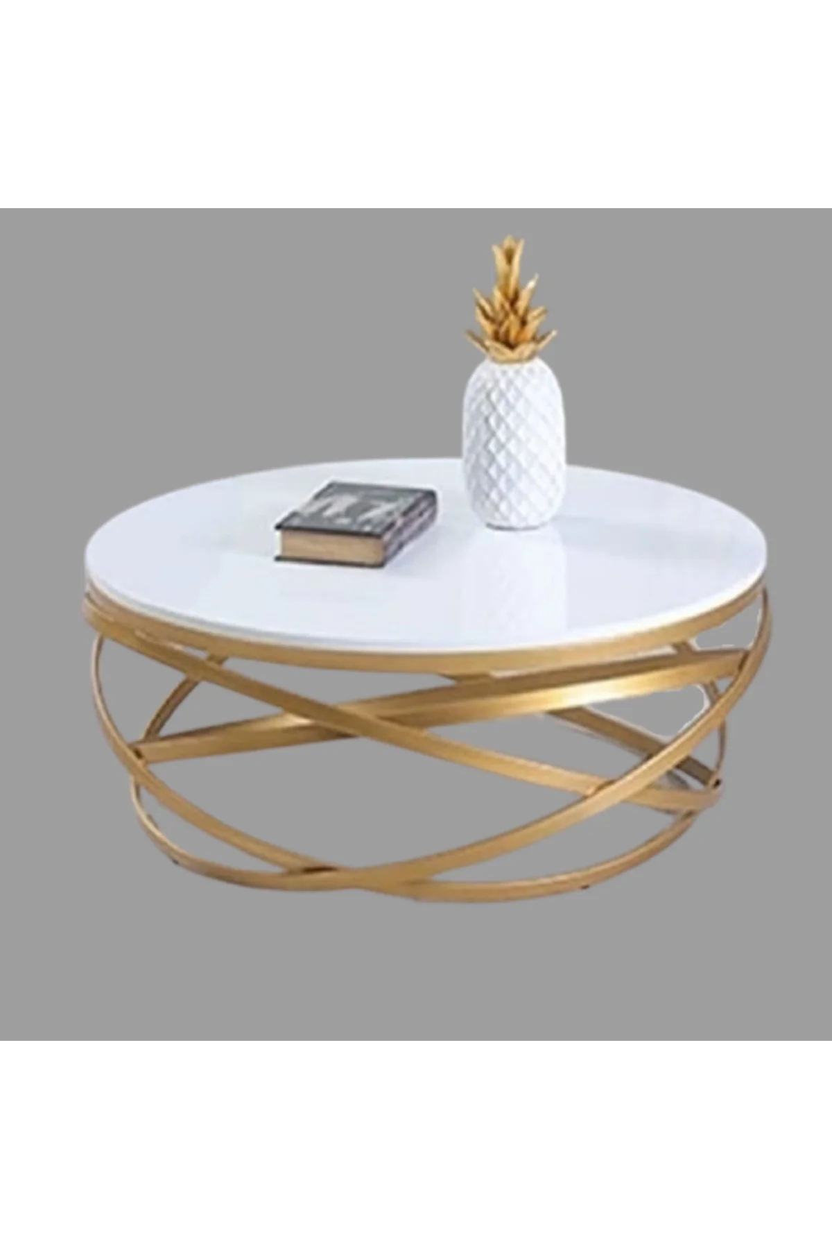 Orta Sehpa 17144 ZLF Dalga Metal Ayak Gold renk Kaplama Beyaz MDF Tabla El Yapım - Görsel 2