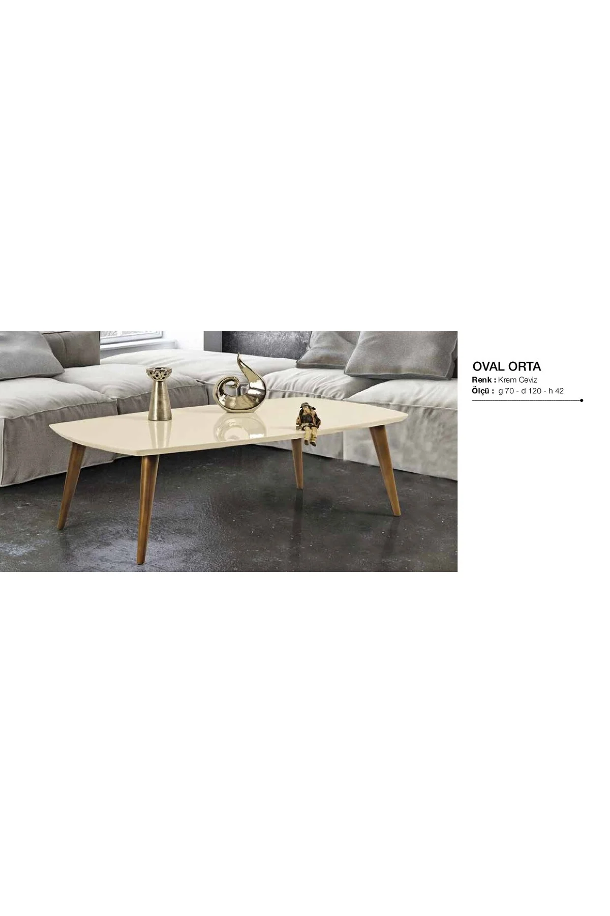 Orta Sehpa 18264 OSM OVAL Model Ceviz Krem Ahşap Kayın torna Retro ayak El Yapım - Görsel 2