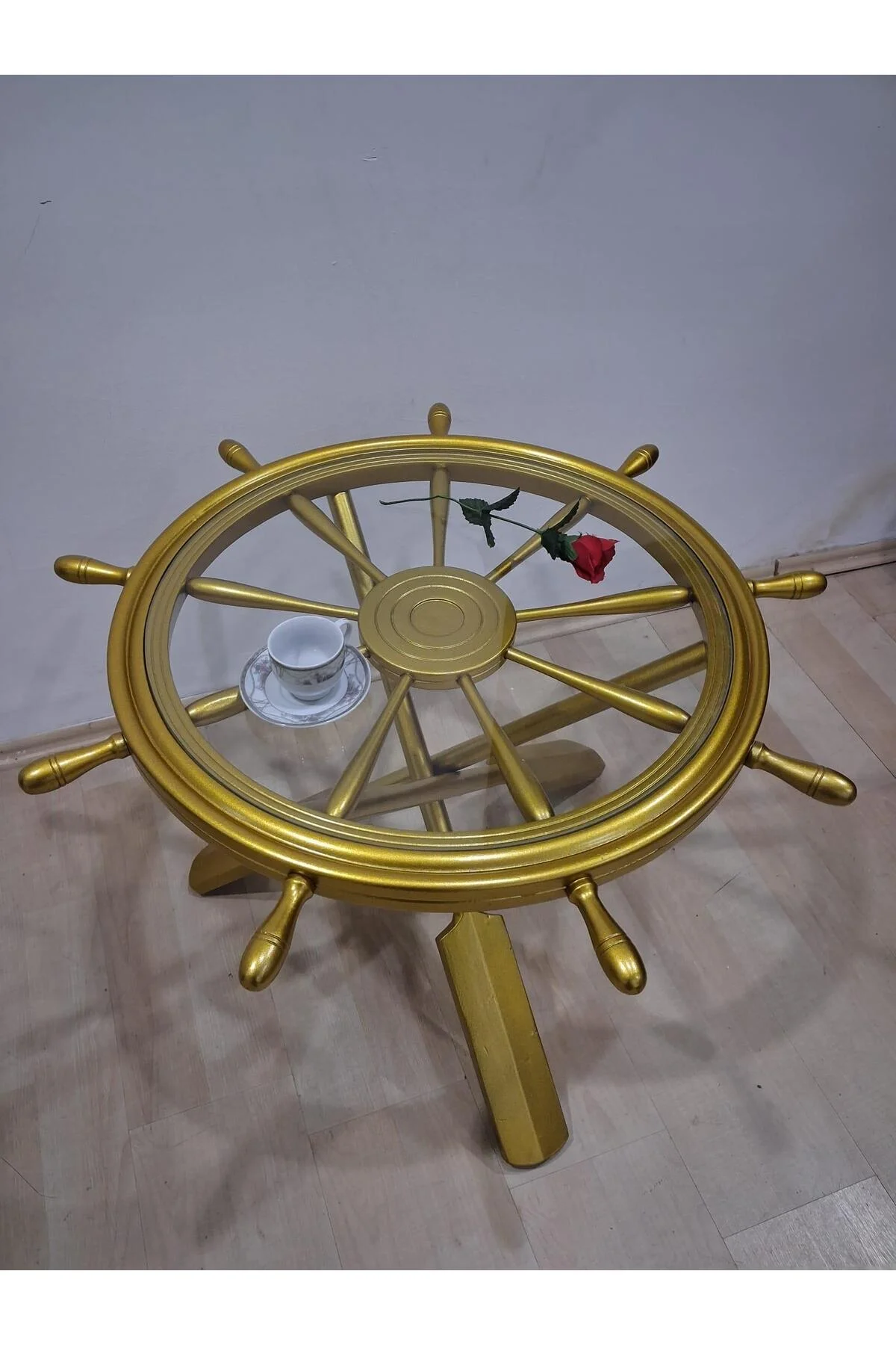 Orta Sehpa Dümen 90636 Model Ahşap Çapraz X Ayak Parlak Gold Lake Boya El Yapım - Görsel 3