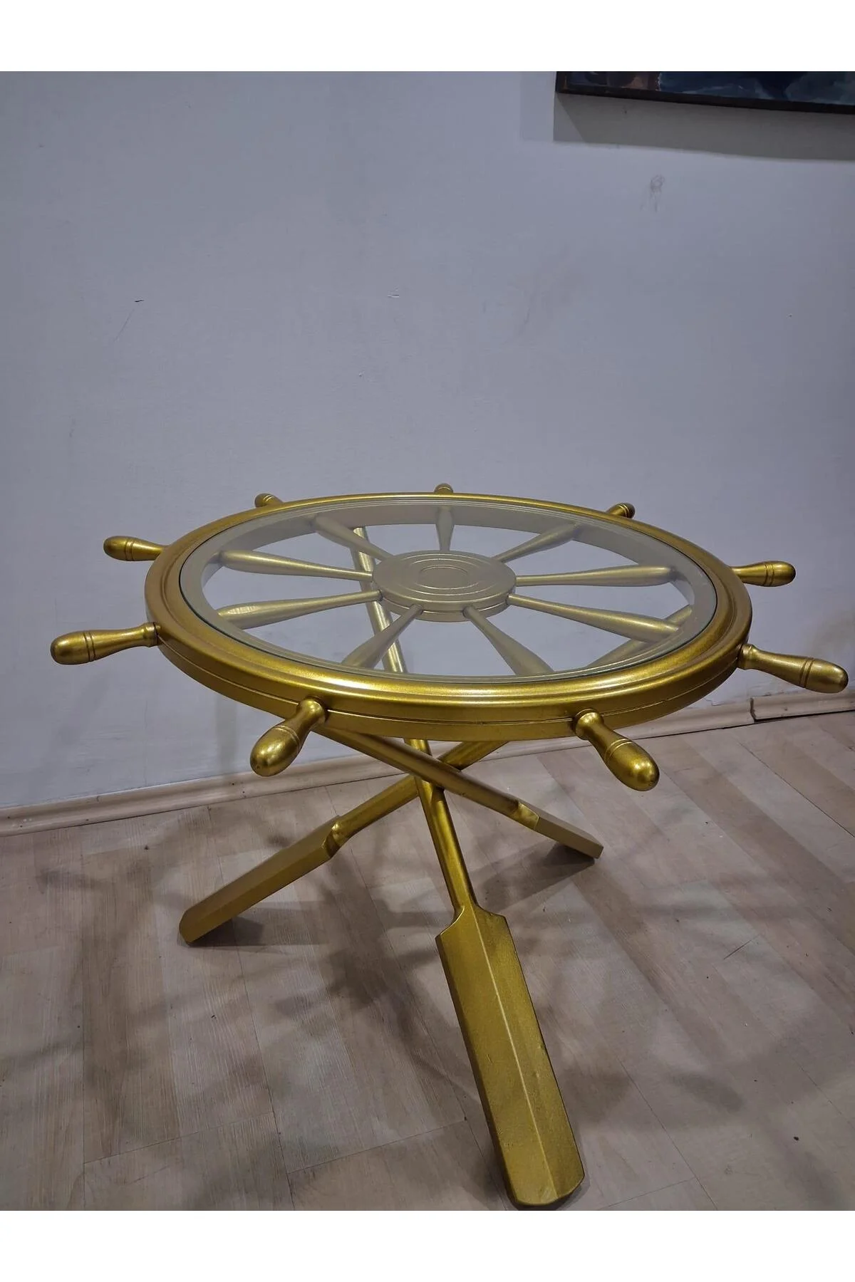 Orta Sehpa Dümen 90636 Model Ahşap Çapraz X Ayak Parlak Gold Lake Boya El Yapım - Görsel 8