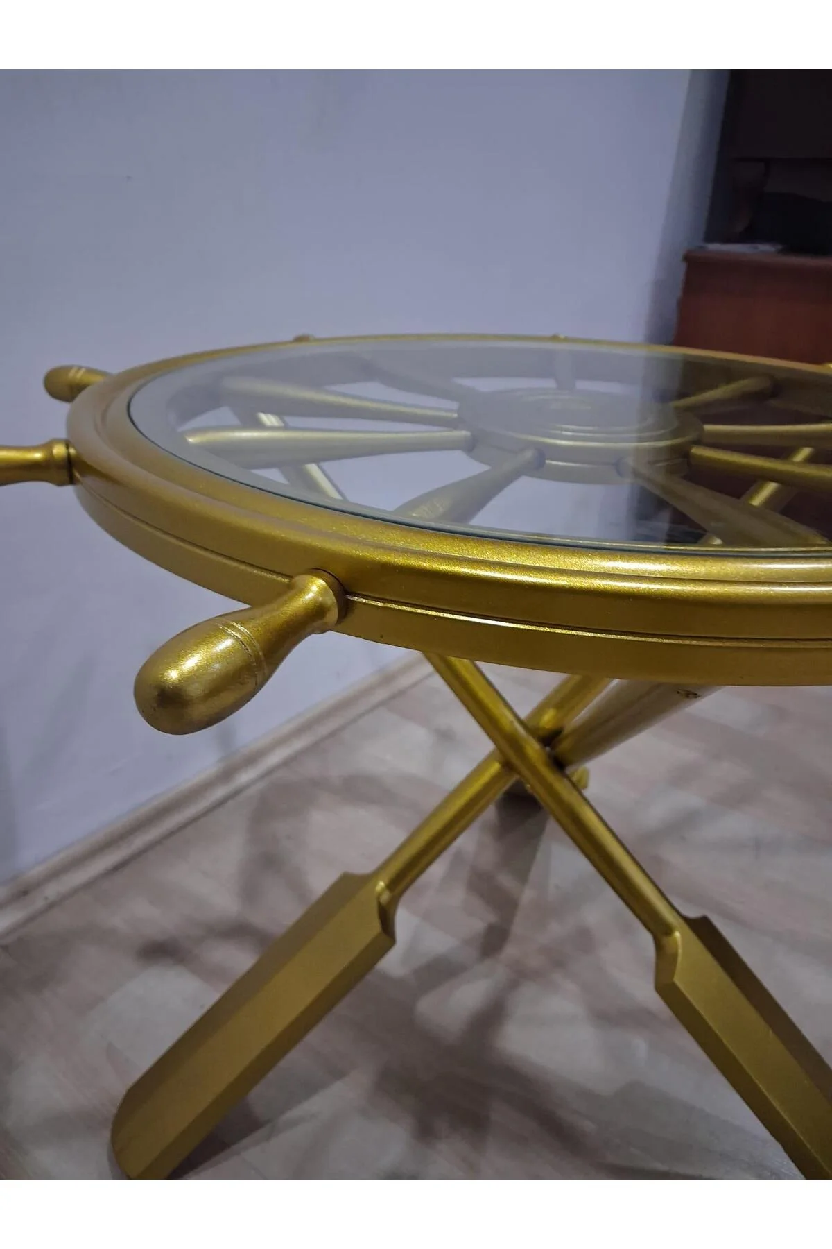Orta Sehpa Dümen 90636 Model Ahşap Çapraz X Ayak Parlak Gold Lake Boya El Yapım - Görsel 6