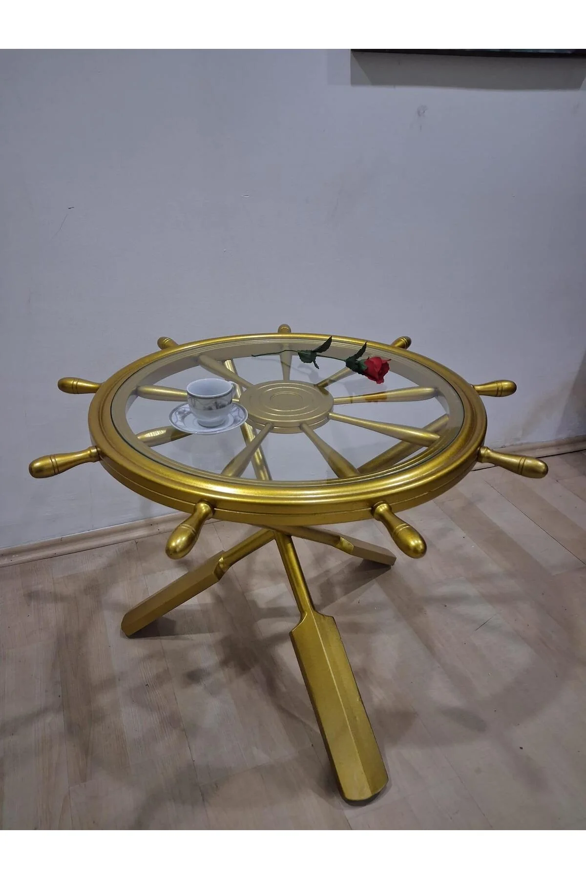 Orta Sehpa Dümen 90636 Model Ahşap Çapraz X Ayak Parlak Gold Lake Boya El Yapım - Görsel 2