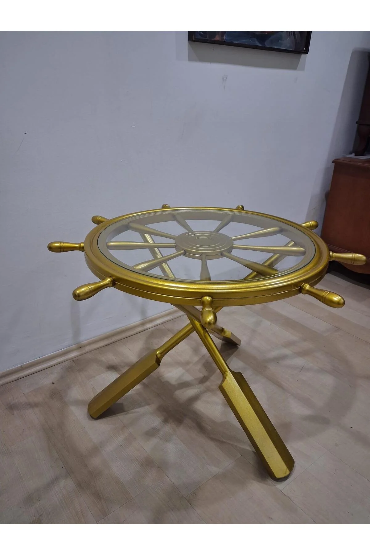 Orta Sehpa Dümen 90636 Model Ahşap Çapraz X Ayak Parlak Gold Lake Boya El Yapım - Görsel 7