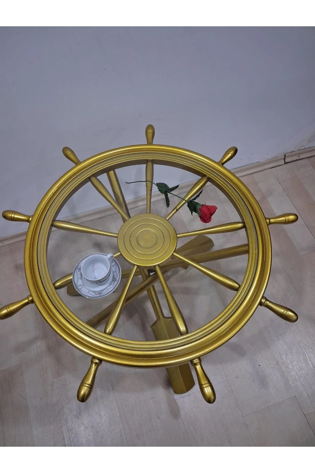 Orta Sehpa Dümen 90636 Model Ahşap Çapraz X Ayak Parlak Gold Lake Boya El Yapım - Görsel 4