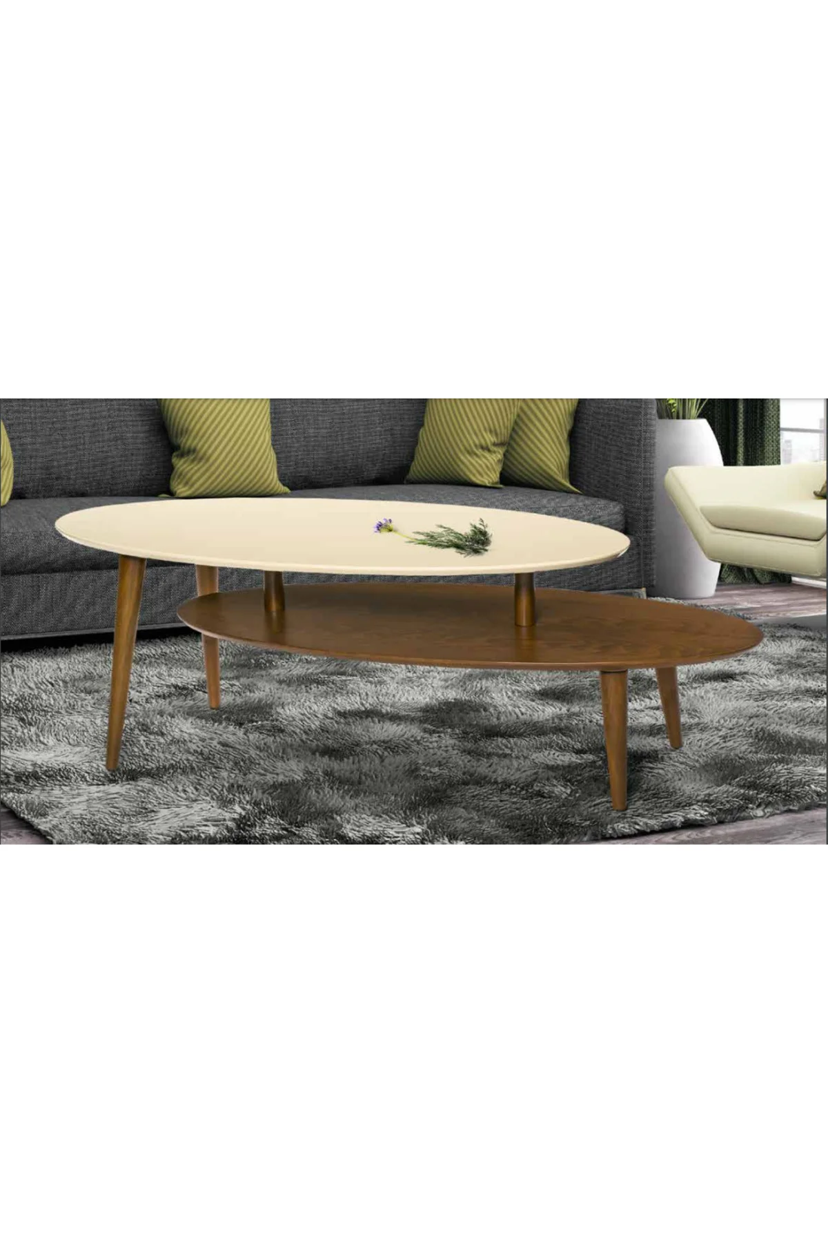 Orta sehpa OSM 11826 ELİPS Model İki Kat Parlak Krem Ceviz Kayın ayak El Yapım - Görsel 2