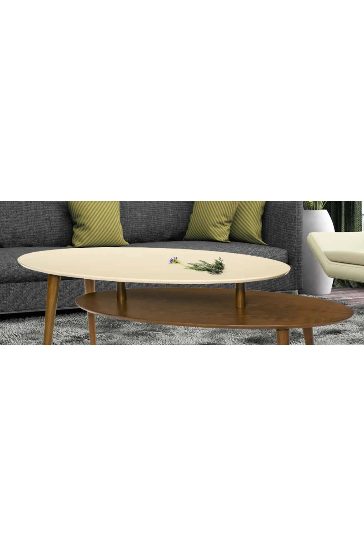 Orta sehpa OSM 11826 ELİPS Model İki Kat Parlak Krem Ceviz Kayın ayak El Yapım - Görsel 8