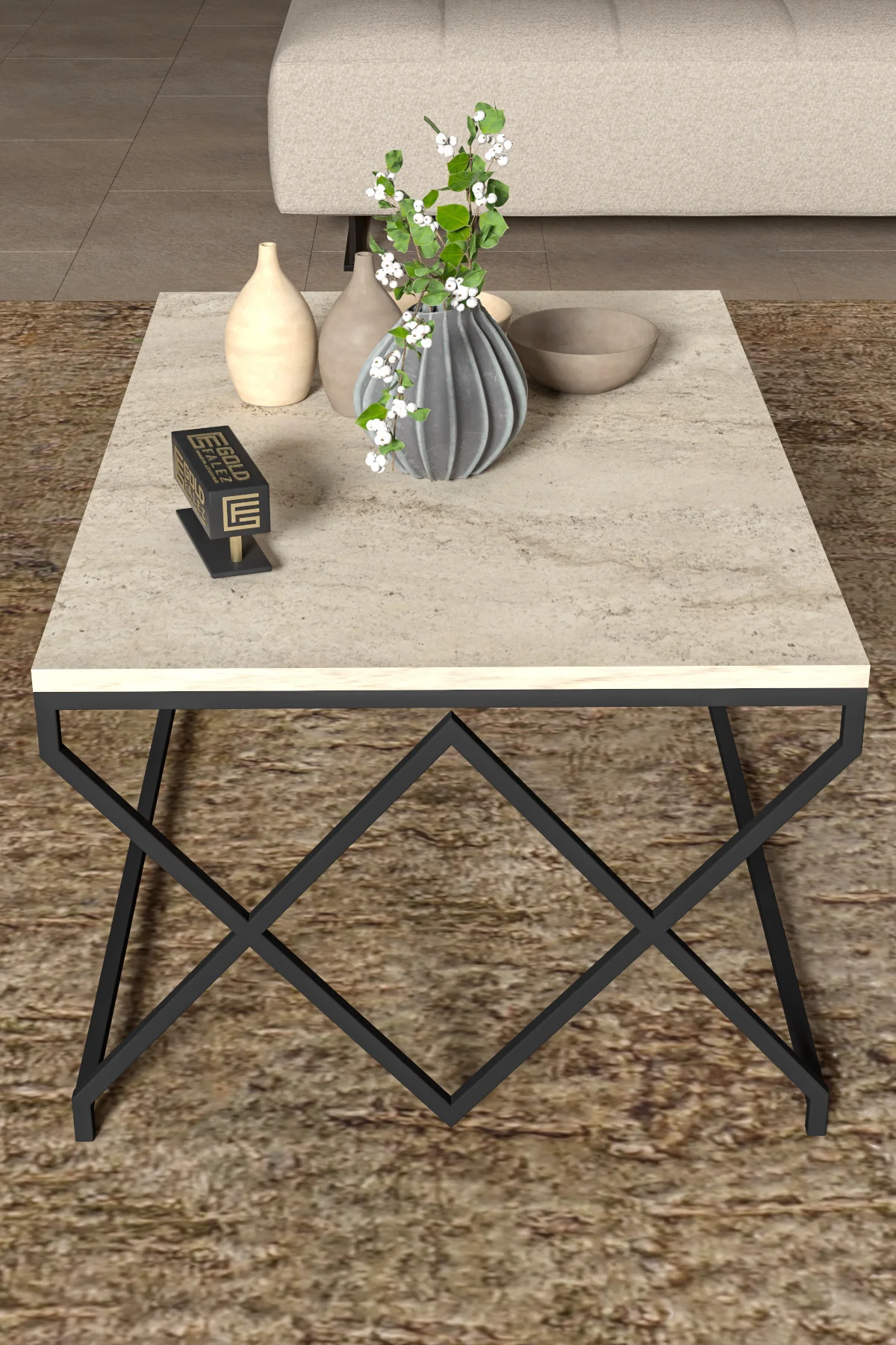 Orta Sehpa Ve Zigon Yan Sehpa Flora Set Gold Beyaz