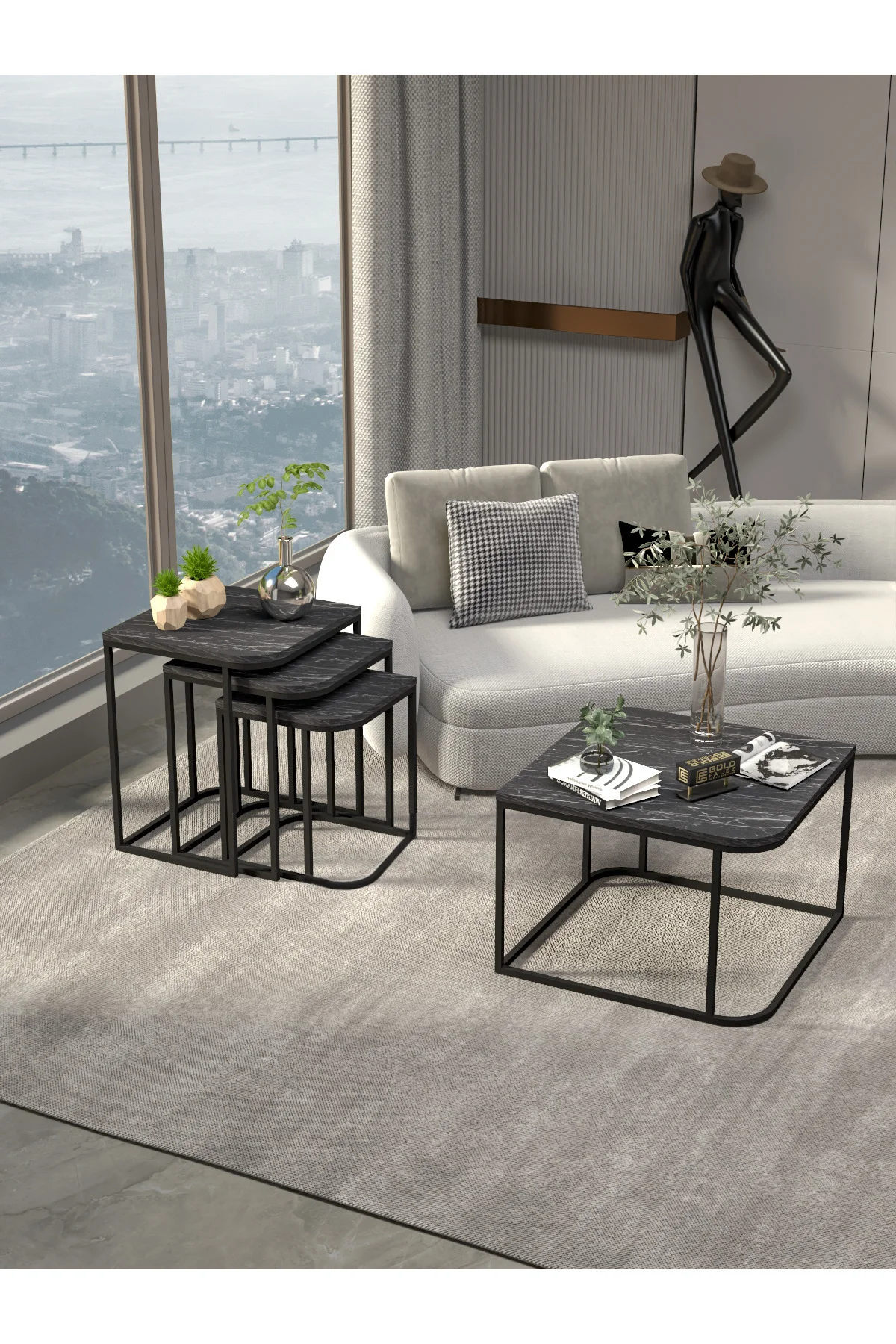 Orta Sehpa Ve Zigon Yan Sehpa Flora Set Traverten