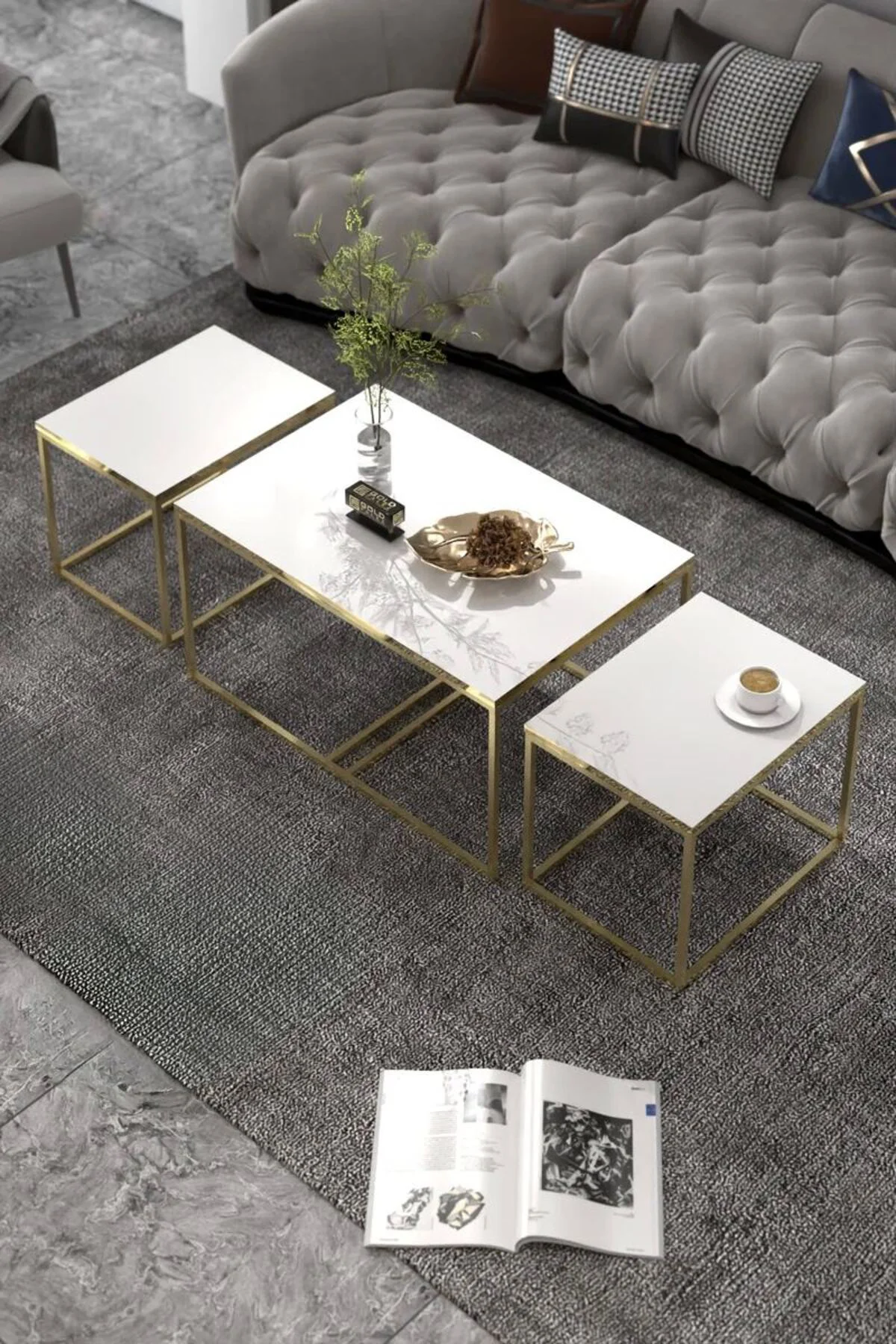 Orta Sehpa Ve Zigon Yan Sehpa Flora Set Gold Beyaz
