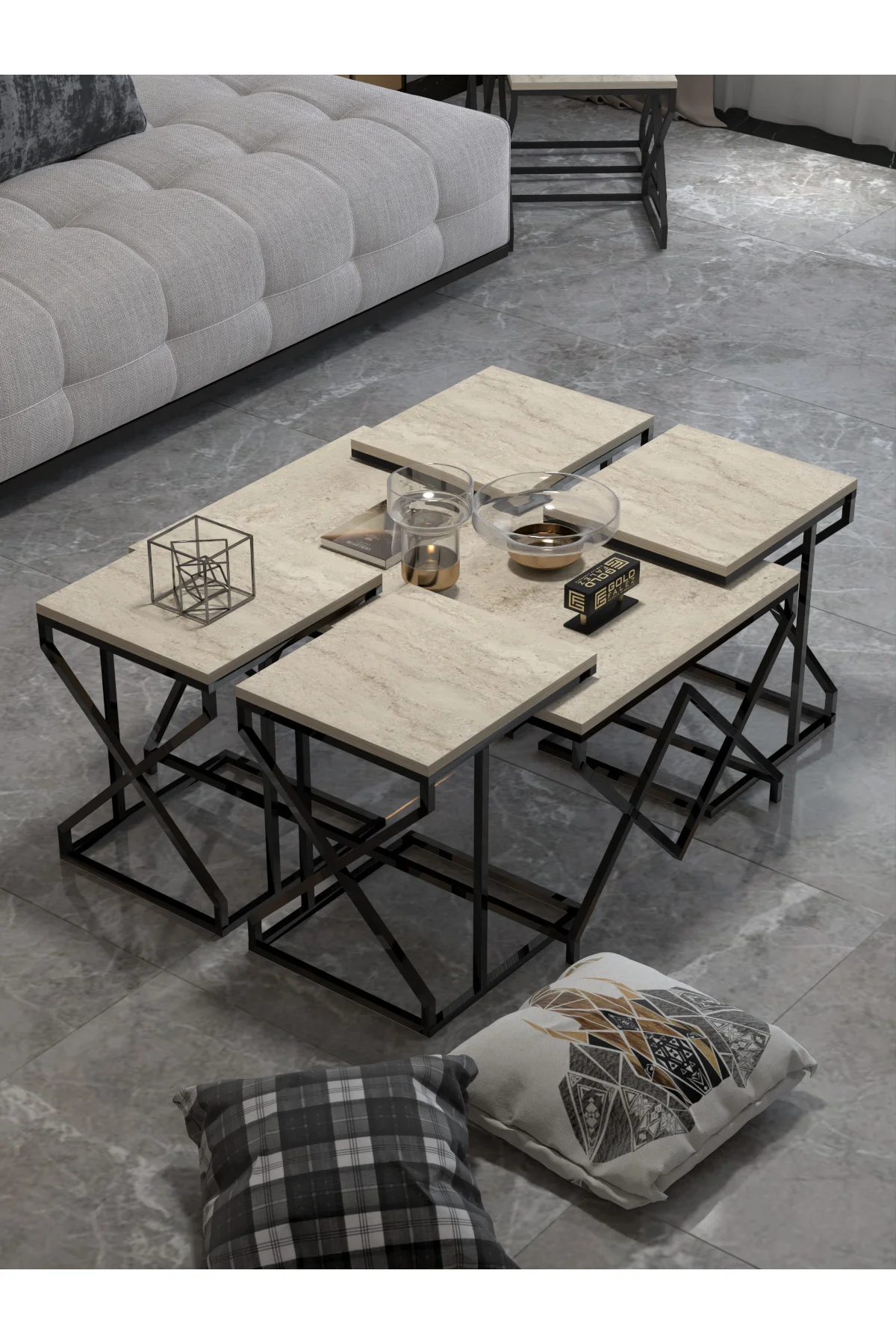 Orta Sehpa Ve Zigon Sehpa V Lüx 5'Li Set Traverten