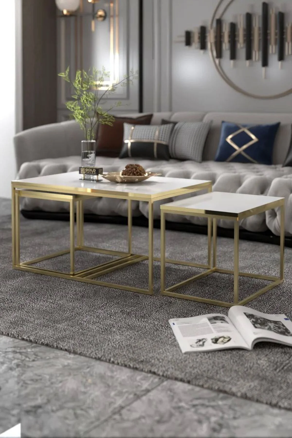 Orta Sehpa Ve Zigon Yan Sehpa Flora Set Gold Beyaz