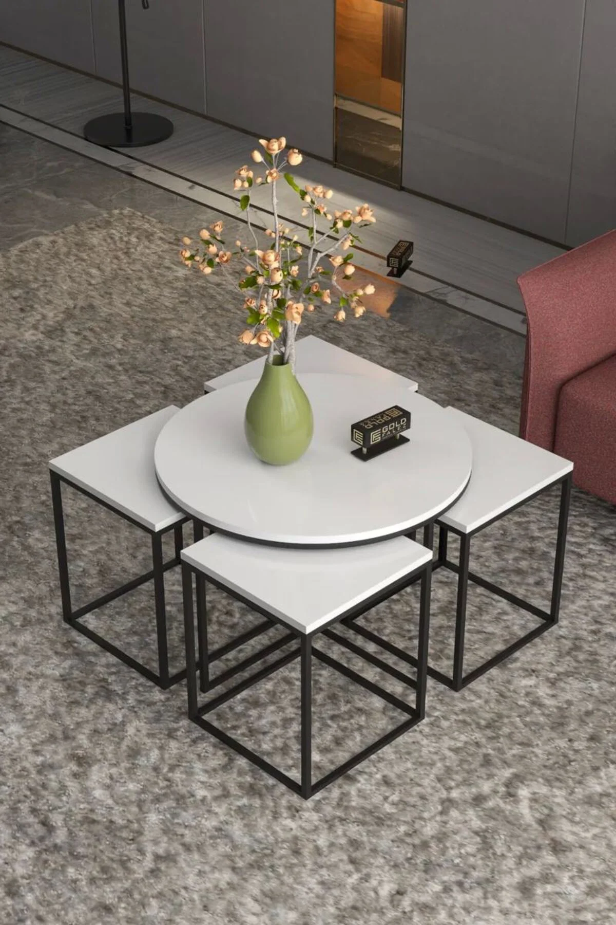 Orta Sehpa Ve Zigon Sehpa Oval Lüx 5'Li Set Beyaz