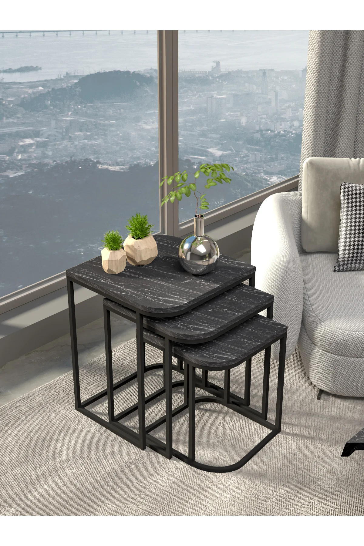 Orta Sehpa Ve Zigon Yan Sehpa Flora Set Traverten