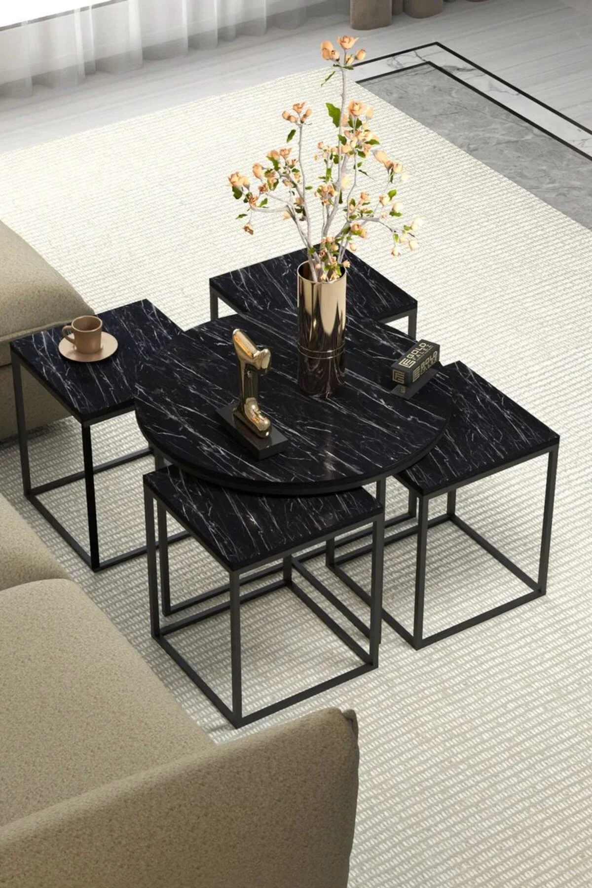 Orta Sehpa Ve Zigon Sehpa Oval Lüx 5'Li Set Bendir