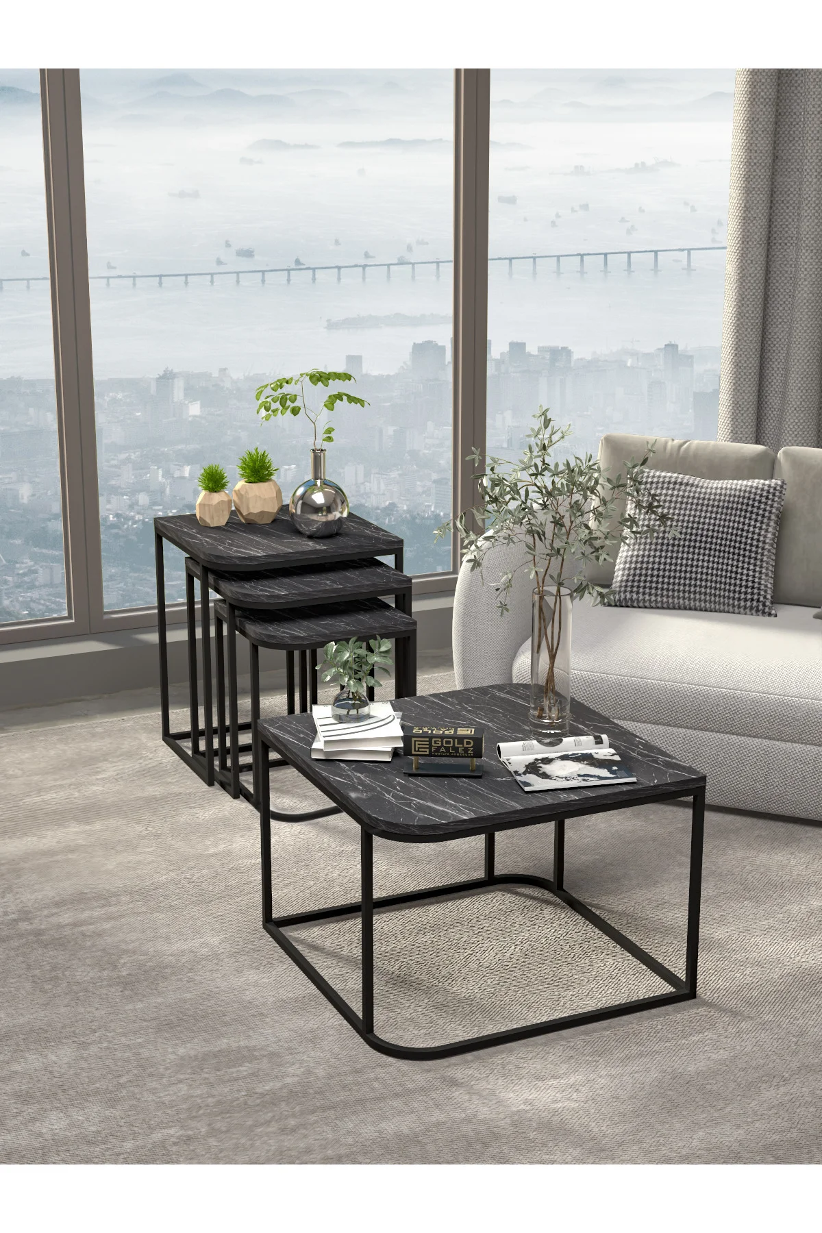 Orta Sehpa Ve Zigon Yan Sehpa Flora Set Traverten