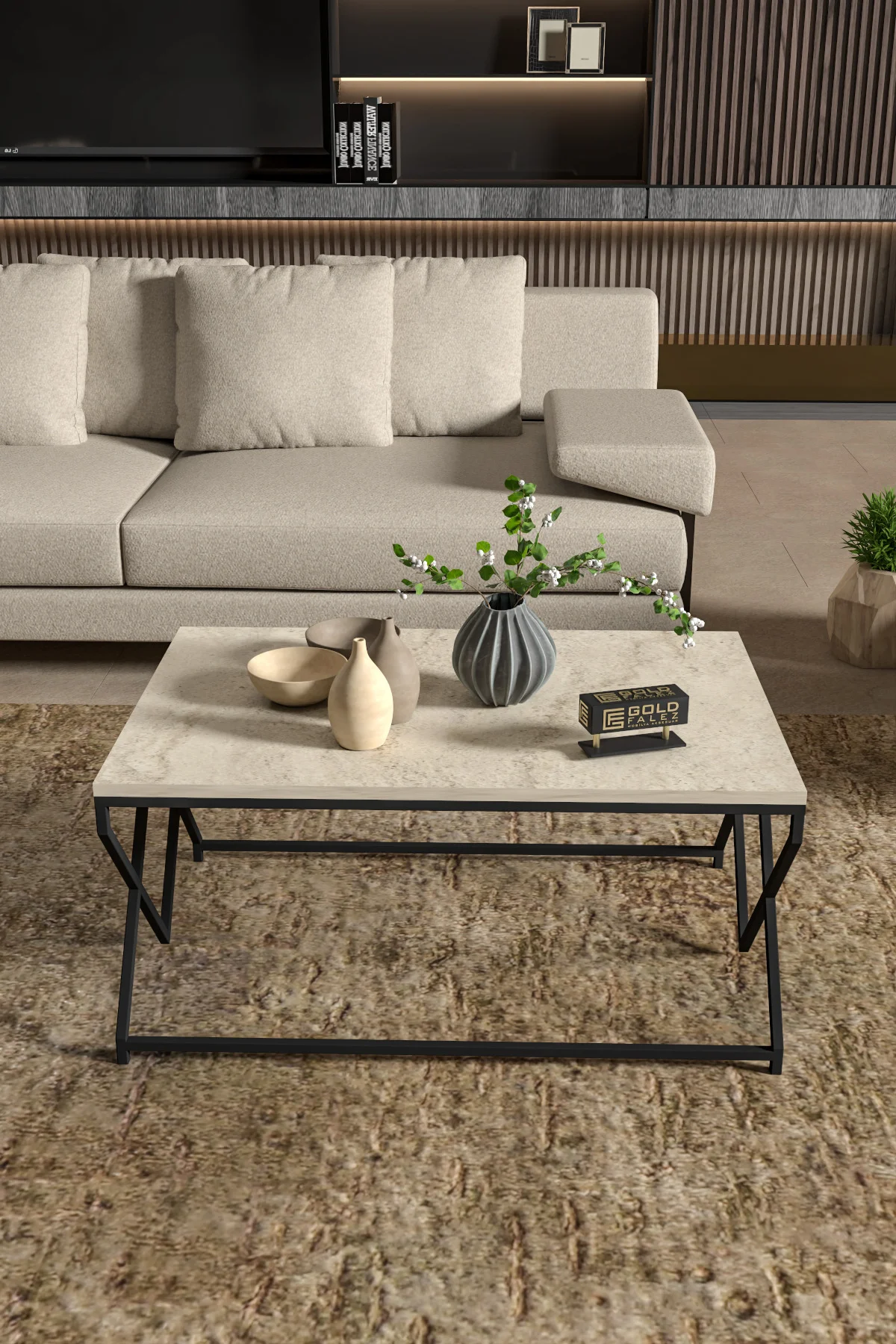 Orta Sehpa Ve Zigon Yan Sehpa Flora Set Gold Beyaz