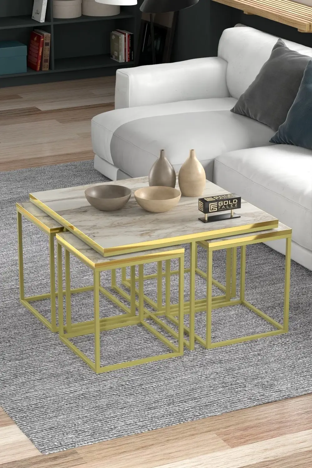 Orta Sehpa Ve Zigon Sehpa 5'li Lüx Set Altın Efes