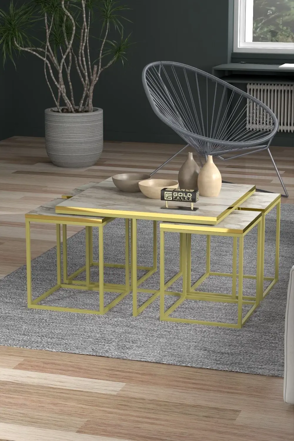 Orta Sehpa Ve Zigon Sehpa 5'li Lüx Set Altın Efes