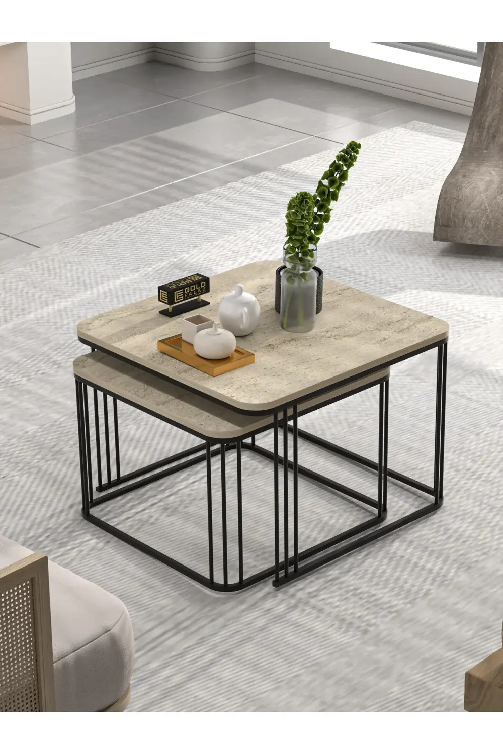 Orta Sehpa Ve Zigon Sehpa Damla Gold Beyaz