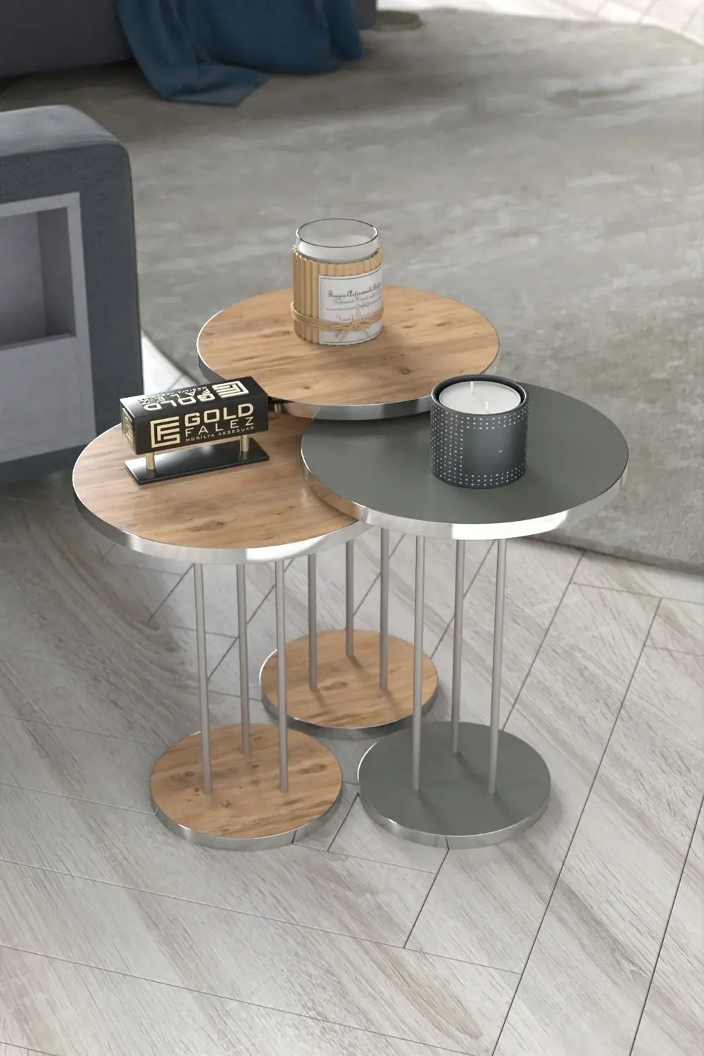 ORTA SEHPA VE ZİGON SEHPA TERRA SET GÜMÜŞ ANTRASİT CEVİZ