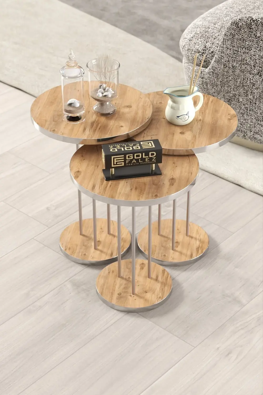 ORTA SEHPA VE ZİGON SEHPA TERRA SET GÜMÜŞ CEVİZ