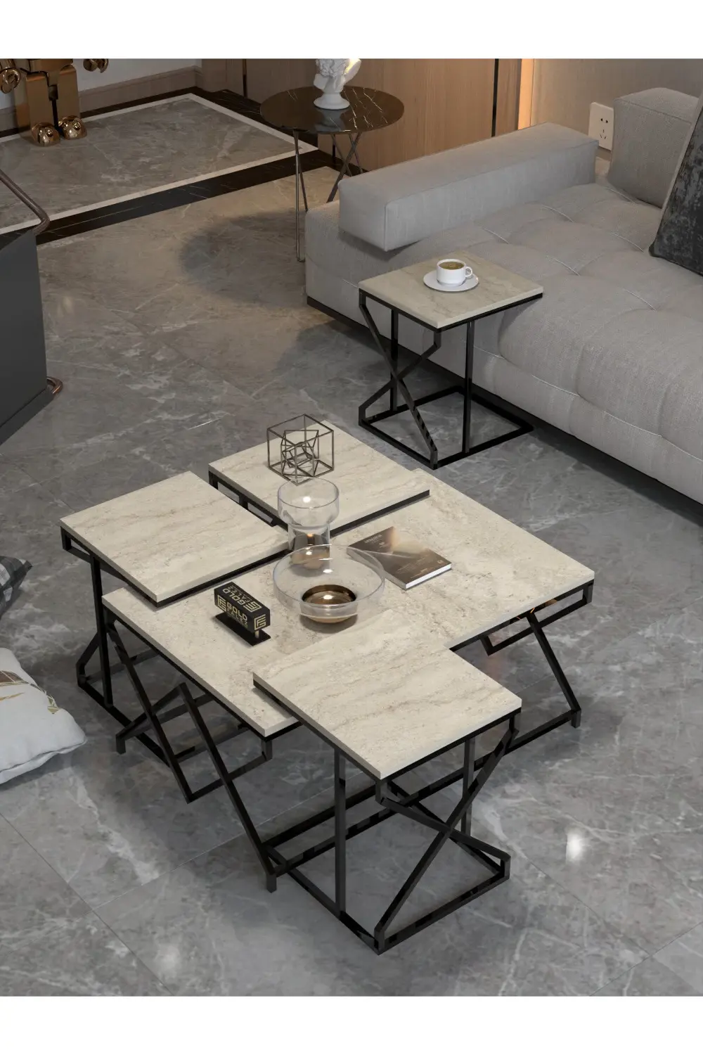 Orta Sehpa Ve Zigon Sehpa V Lüx 5'Li Set Traverten