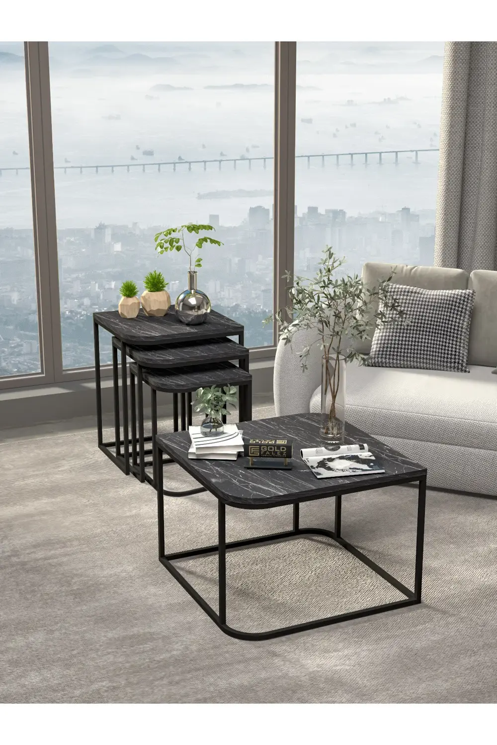 Orta Sehpa Ve Zigon Yan Sehpa Flora Set Traverten