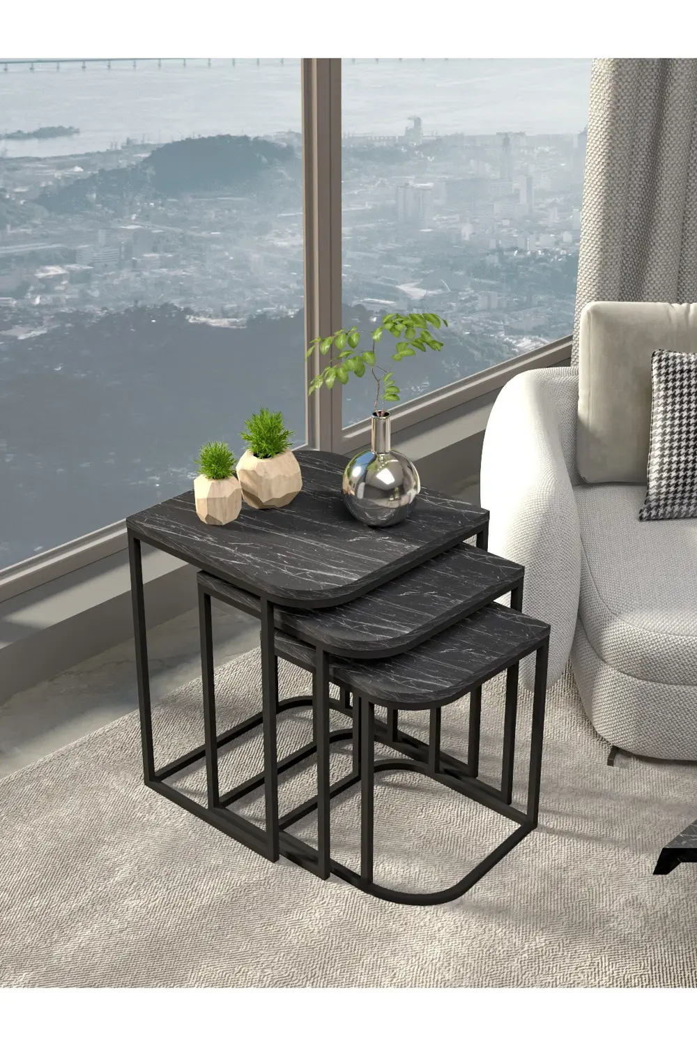 Orta Sehpa Ve Zigon Yan Sehpa Flora Set Traverten