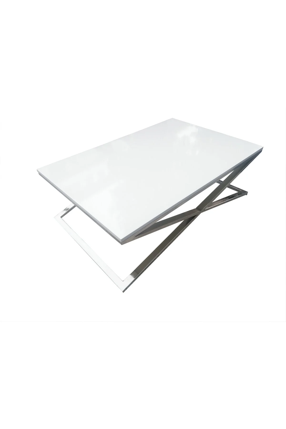 Orta Sehpa X 13658 Çapraz Model Metal Nikelaj Ayak Parlak Beyaz Tabla El Yapım - Görsel 2