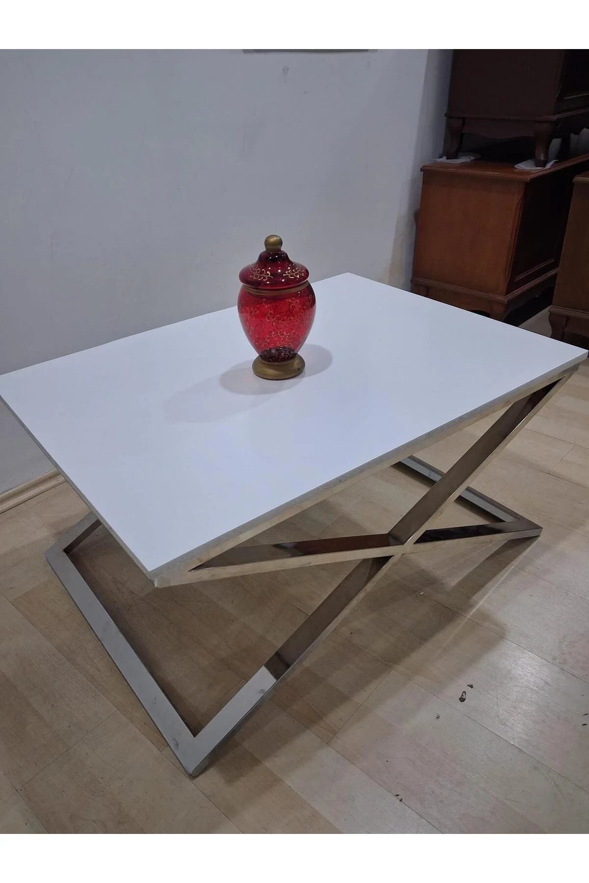 Orta Sehpa X 13658 Çapraz Model Metal Nikelaj Ayak Parlak Beyaz Tabla El Yapım - Görsel 7
