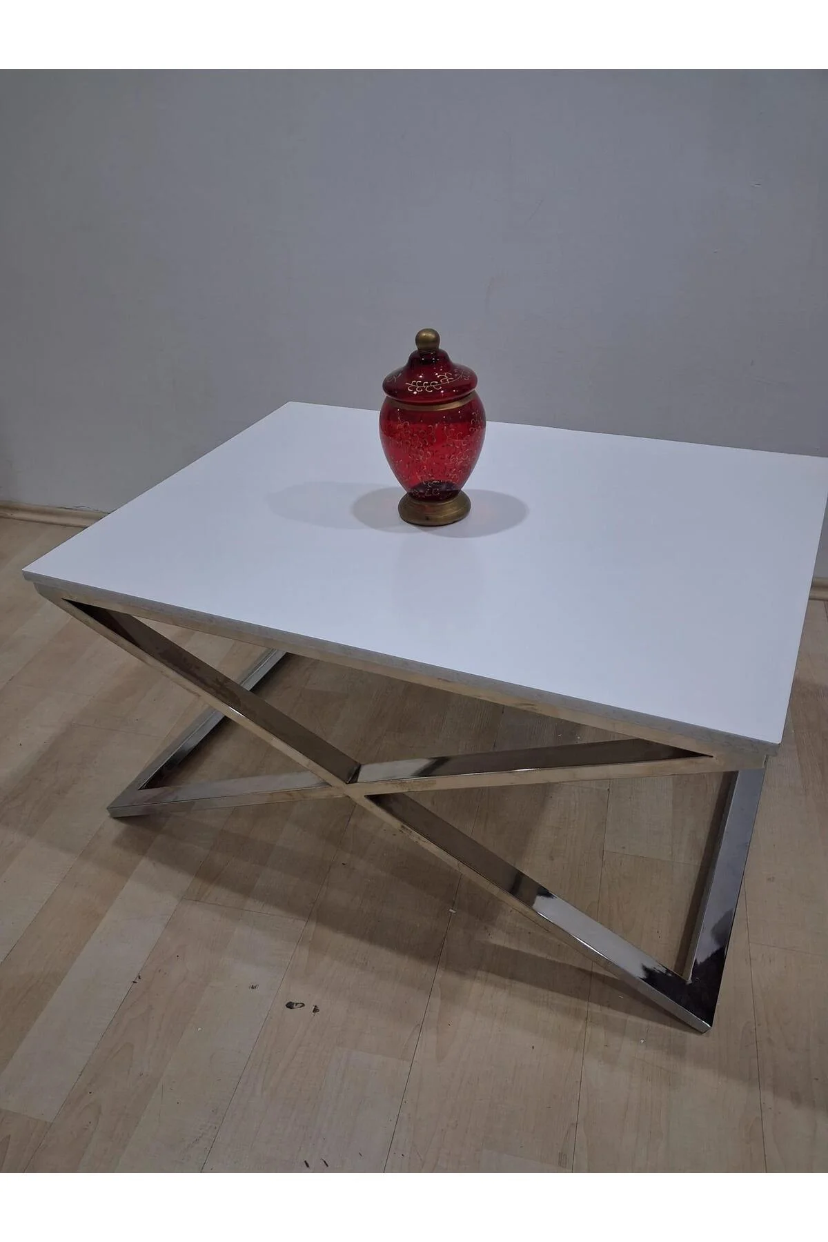 Orta Sehpa X 13658 Çapraz Model Metal Nikelaj Ayak Parlak Beyaz Tabla El Yapım - Görsel 5