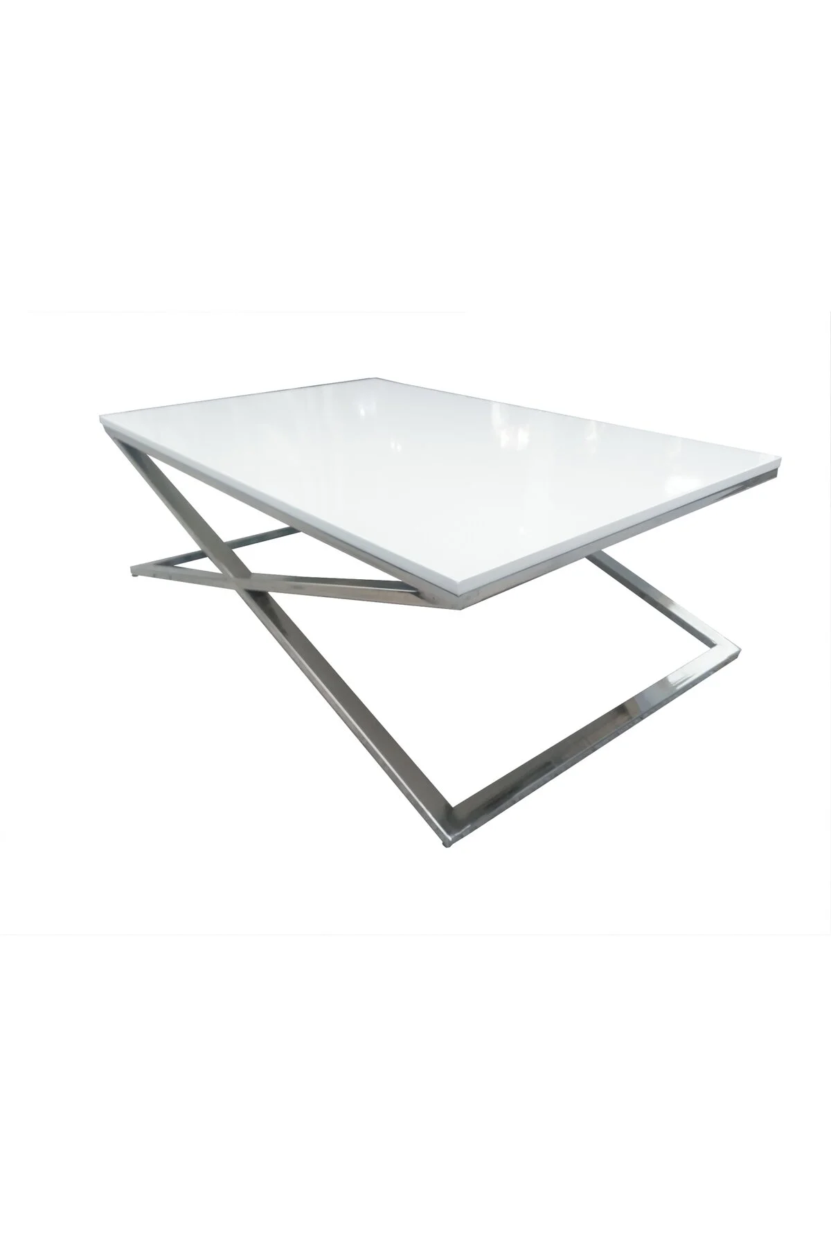 Orta Sehpa X 13658 Çapraz Model Metal Nikelaj Ayak Parlak Beyaz Tabla El Yapım - Görsel 3