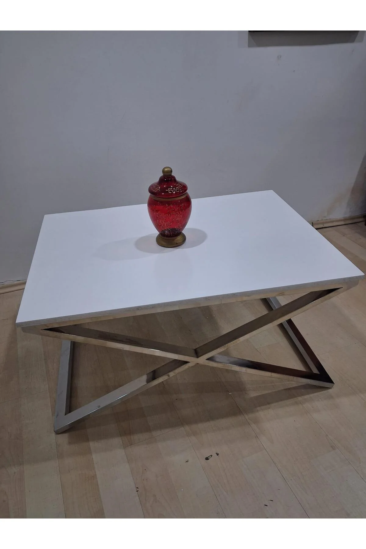 Orta Sehpa X 13658 Çapraz Model Metal Nikelaj Ayak Parlak Beyaz Tabla El Yapım - Görsel 4