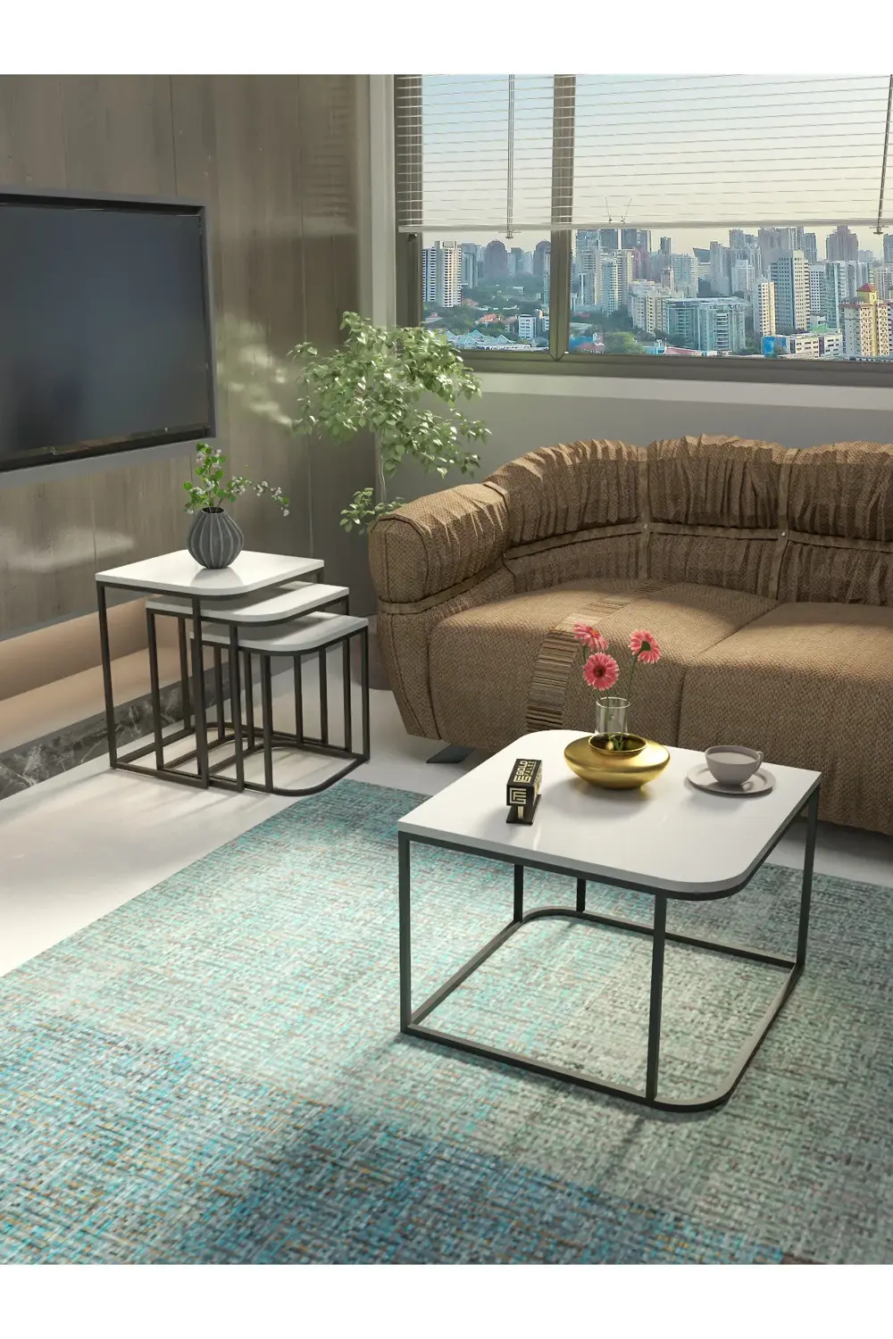 Orta Sehpa Yan Sehpa 2'Li Setro Traverten