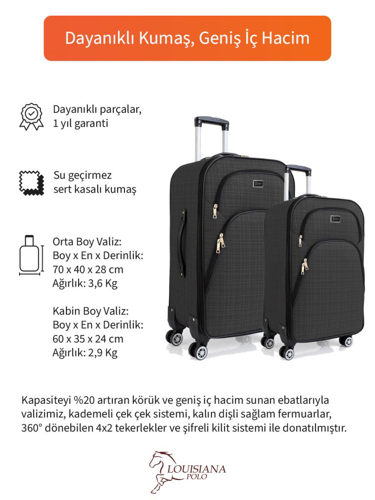 Louisiana Polo Orta Ve Kabin Boy Valiz Seti 4 Teker Kumaş Valiz Antrasit 1081 Louisiana Polo Orta Ve Kabin Boy Valiz Seti 4 Teker Kumaş Valiz Antrasit 1081