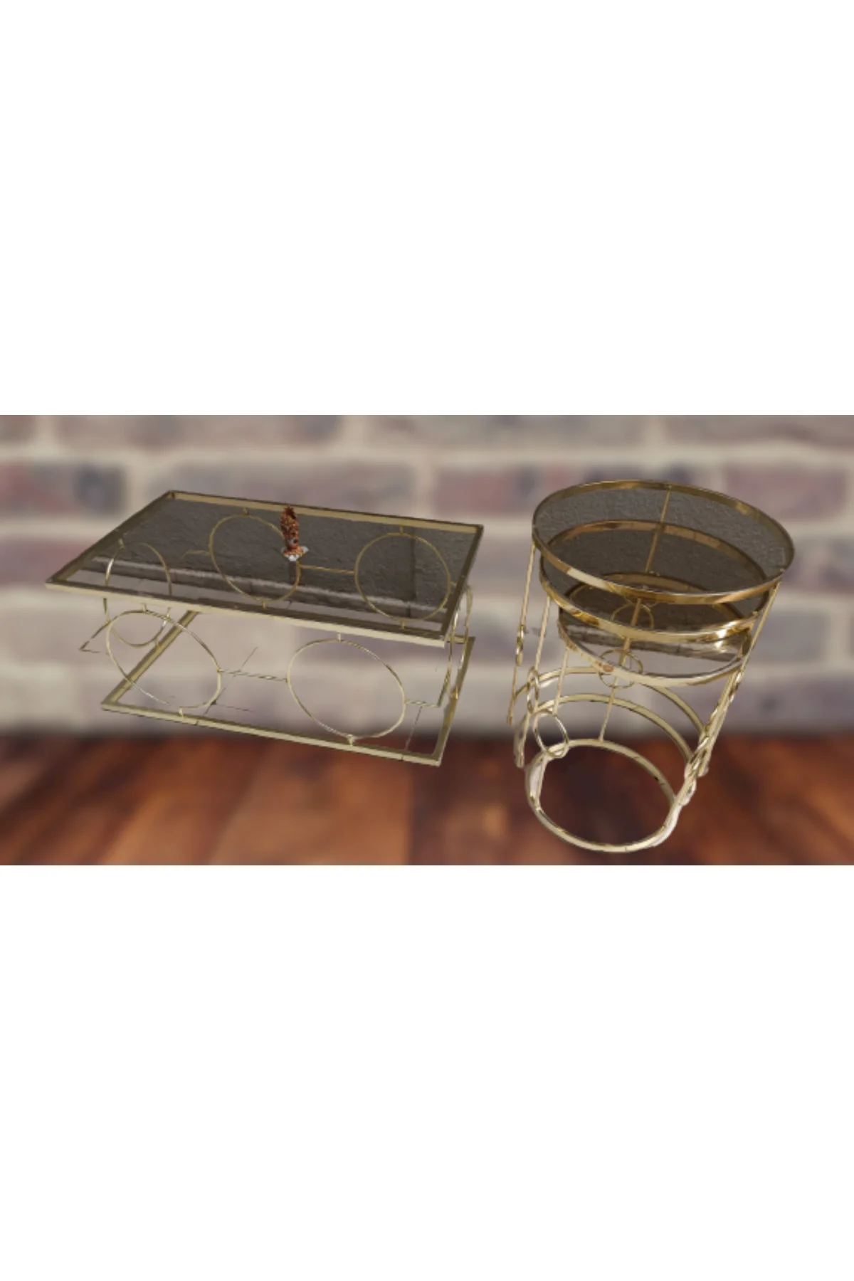 Orta ve zigon Tk 12230 ZLF Halka sehpa Metal Dalga Ayak Gold Kaplama Temper Cam - Görsel 7
