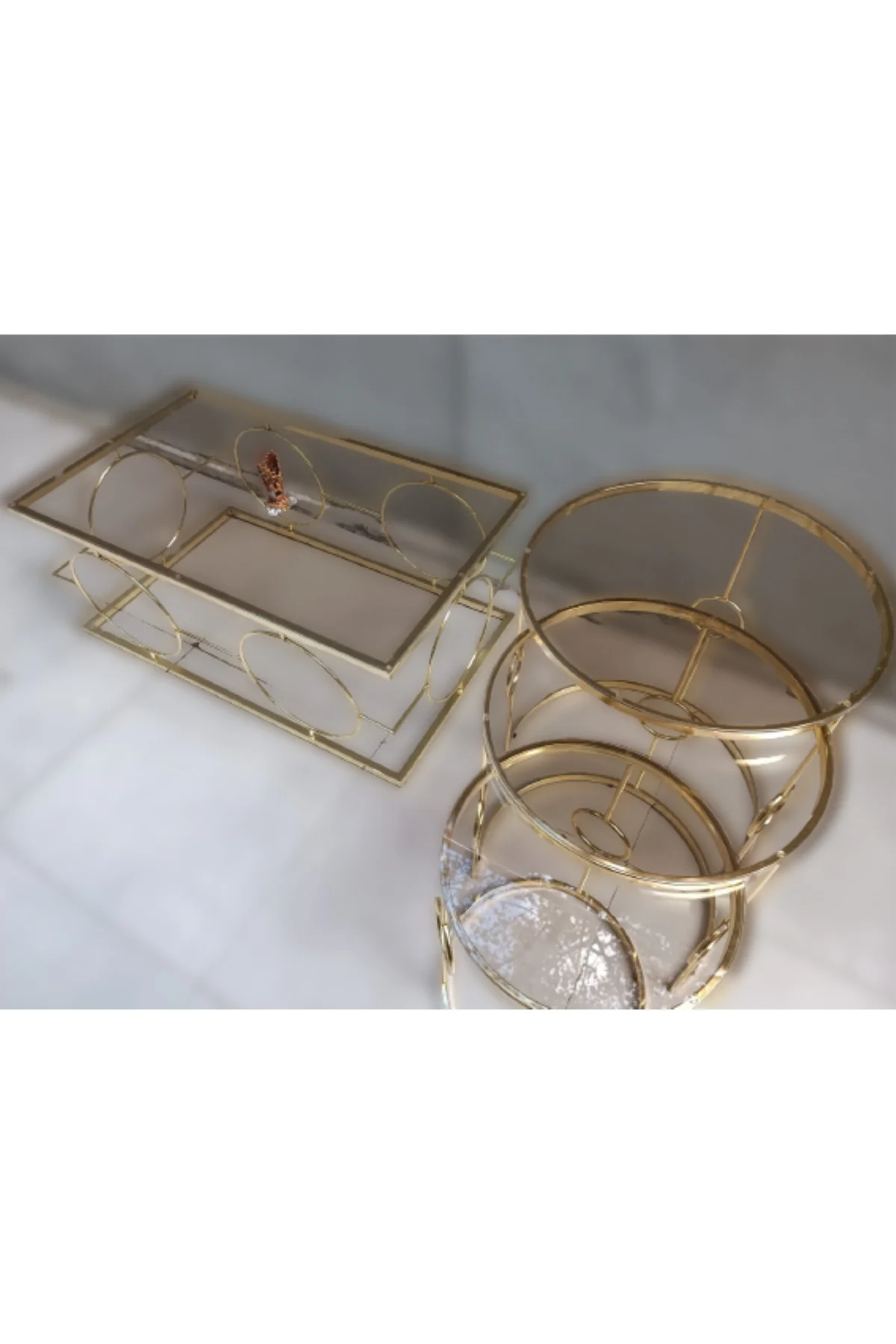 Orta ve zigon Tk 12230 ZLF Halka sehpa Metal Dalga Ayak Gold Kaplama Temper Cam - Görsel 8
