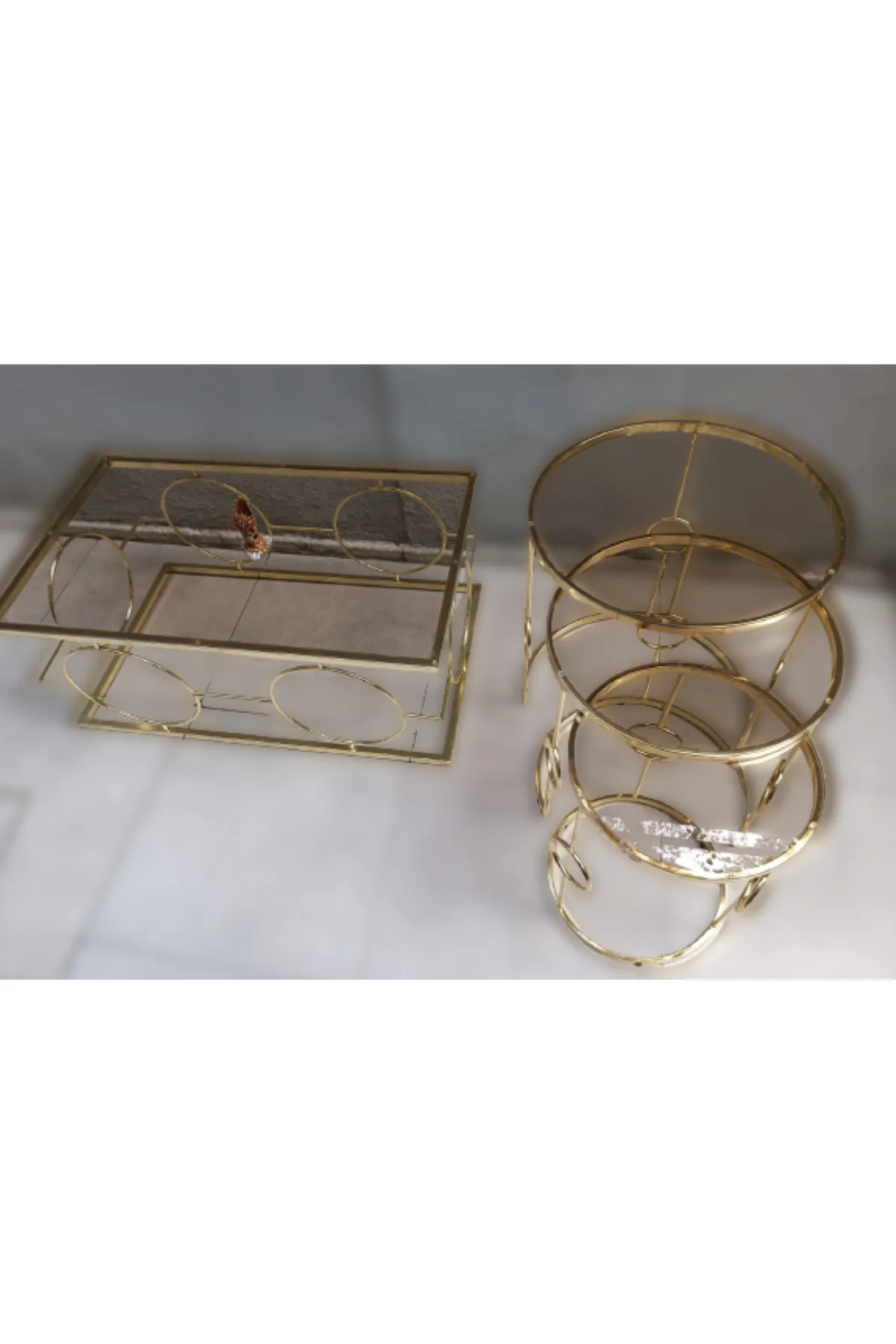 Orta ve zigon Tk 12230 ZLF Halka sehpa Metal Dalga Ayak Gold Kaplama Temper Cam - Görsel 4