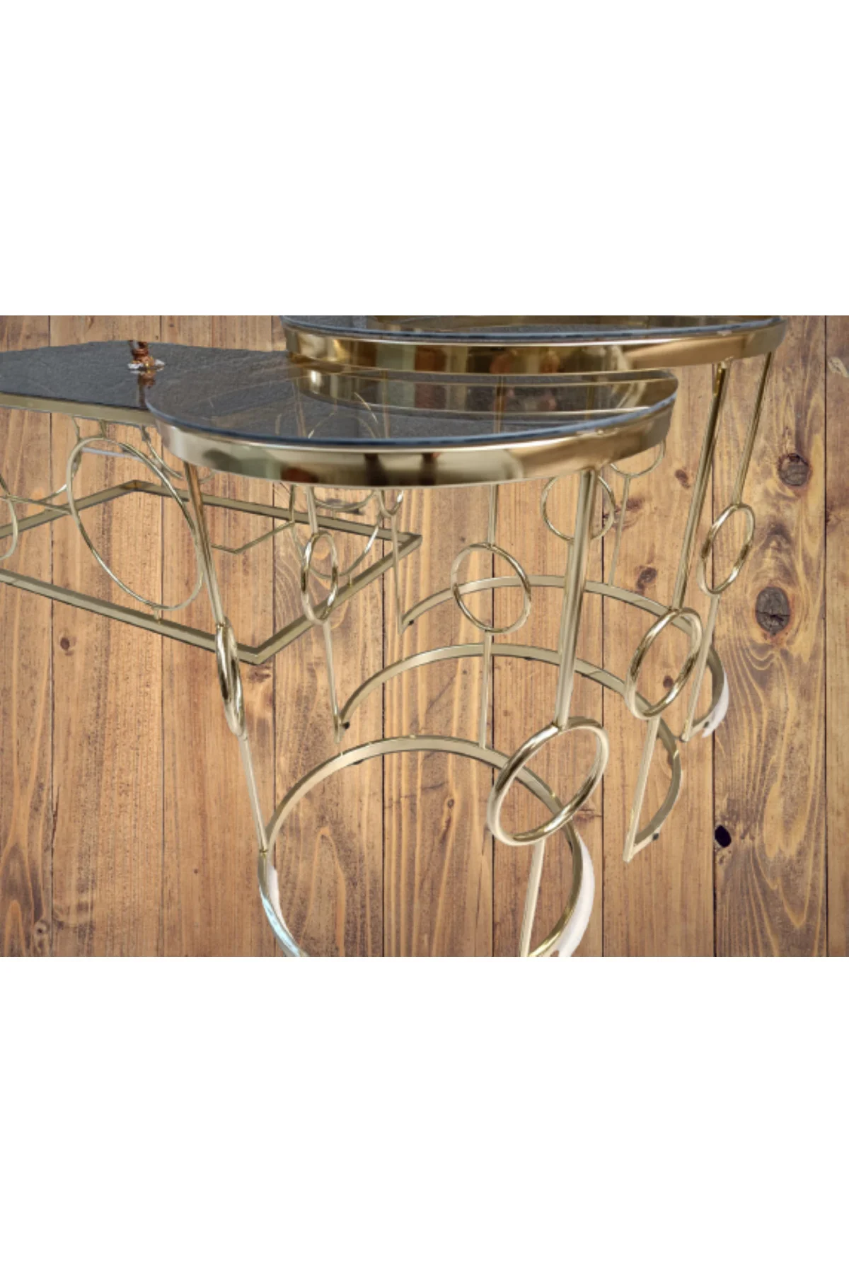 Orta ve zigon Tk 12230 ZLF Halka sehpa Metal Dalga Ayak Gold Kaplama Temper Cam - Görsel 2