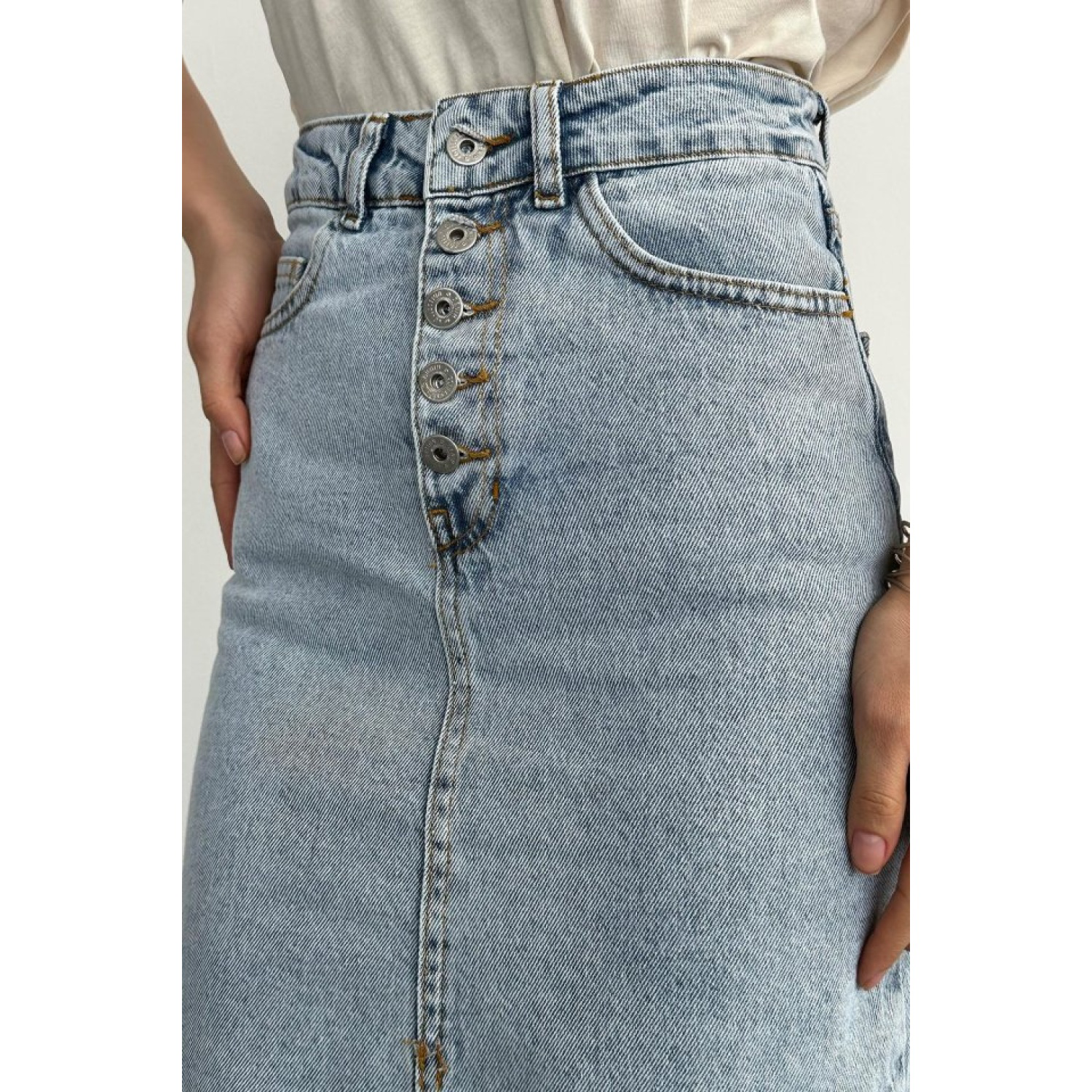 Ortası Yırtmaçlı Kot Etek - Mavi