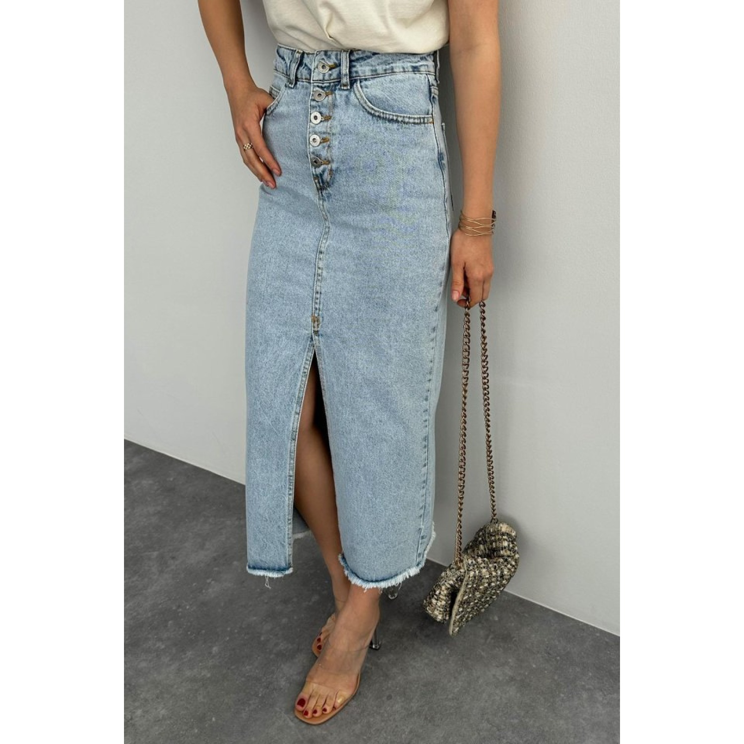 Ortası Yırtmaçlı Kot Etek - Mavi