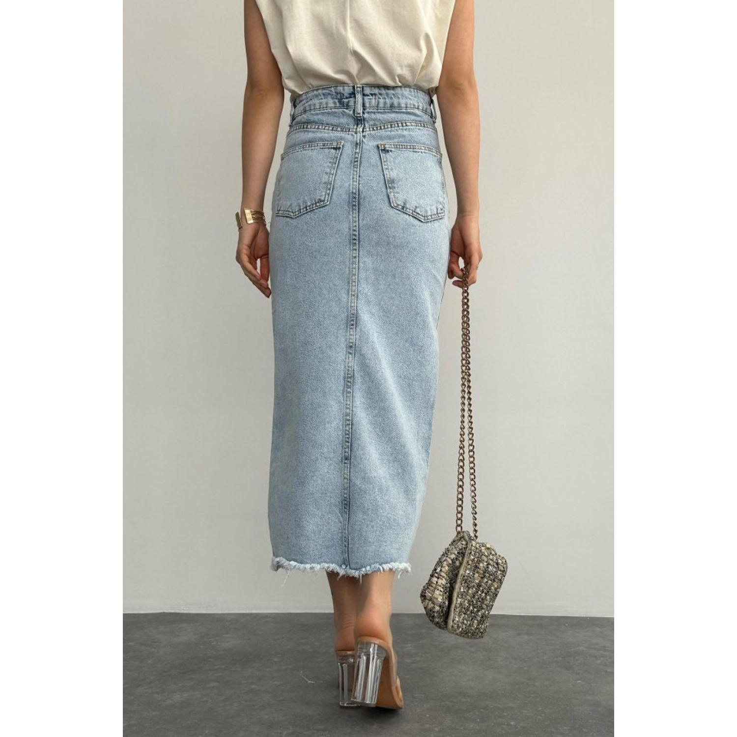 Ortası Yırtmaçlı Kot Etek - Mavi