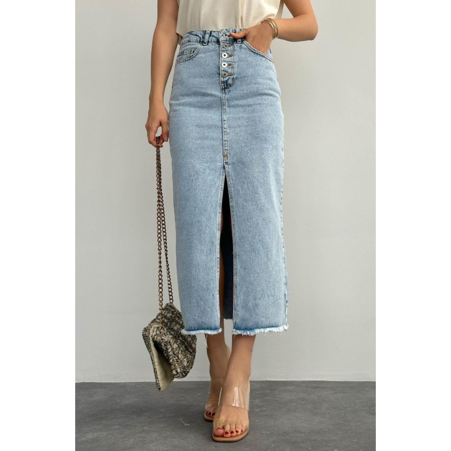 Ortası Yırtmaçlı Kot Etek - Mavi