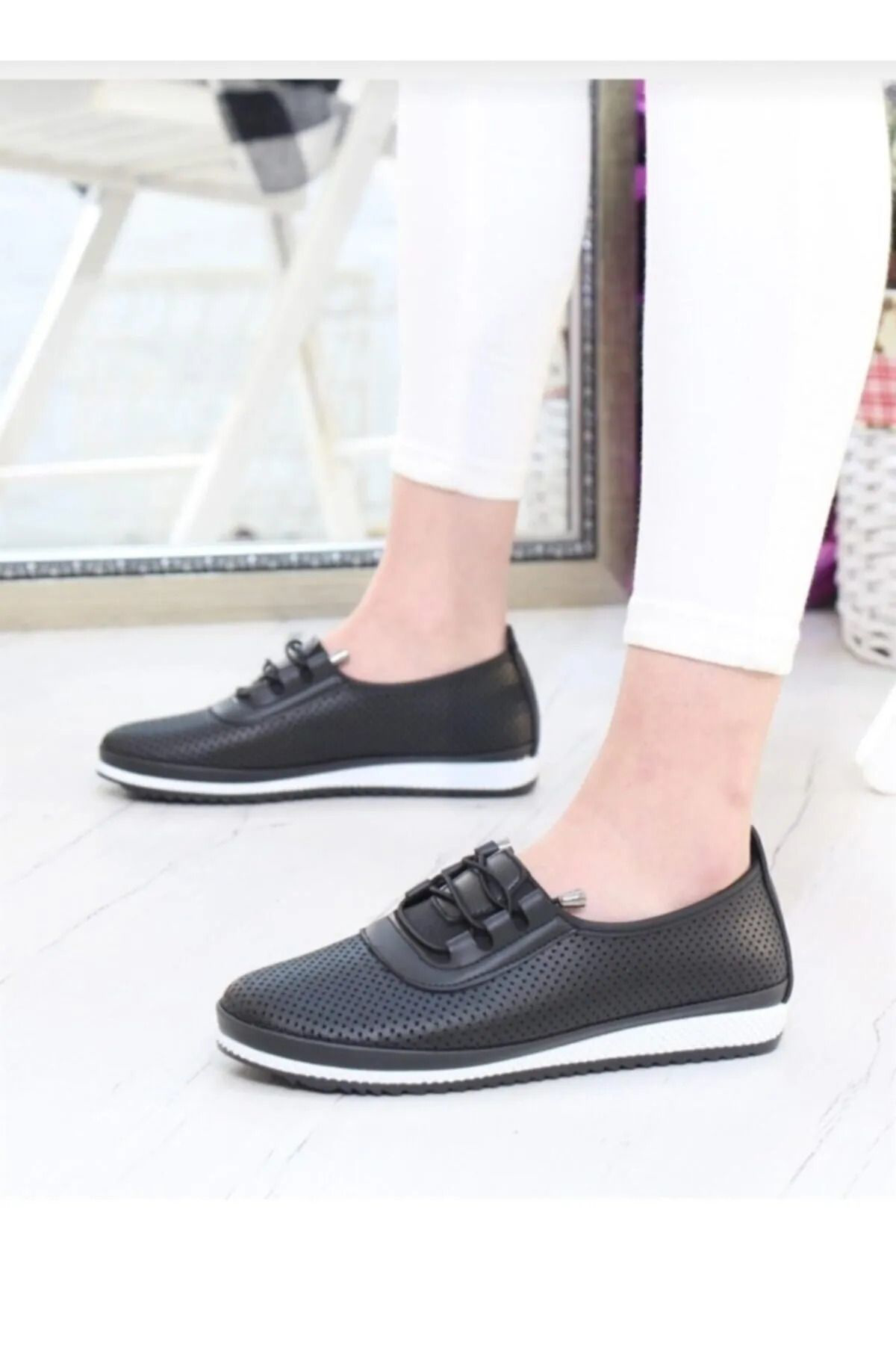 Ortobetik Taban Suni Deri Lastik Bağcıklı Kadın Dört Mevsim Günlü