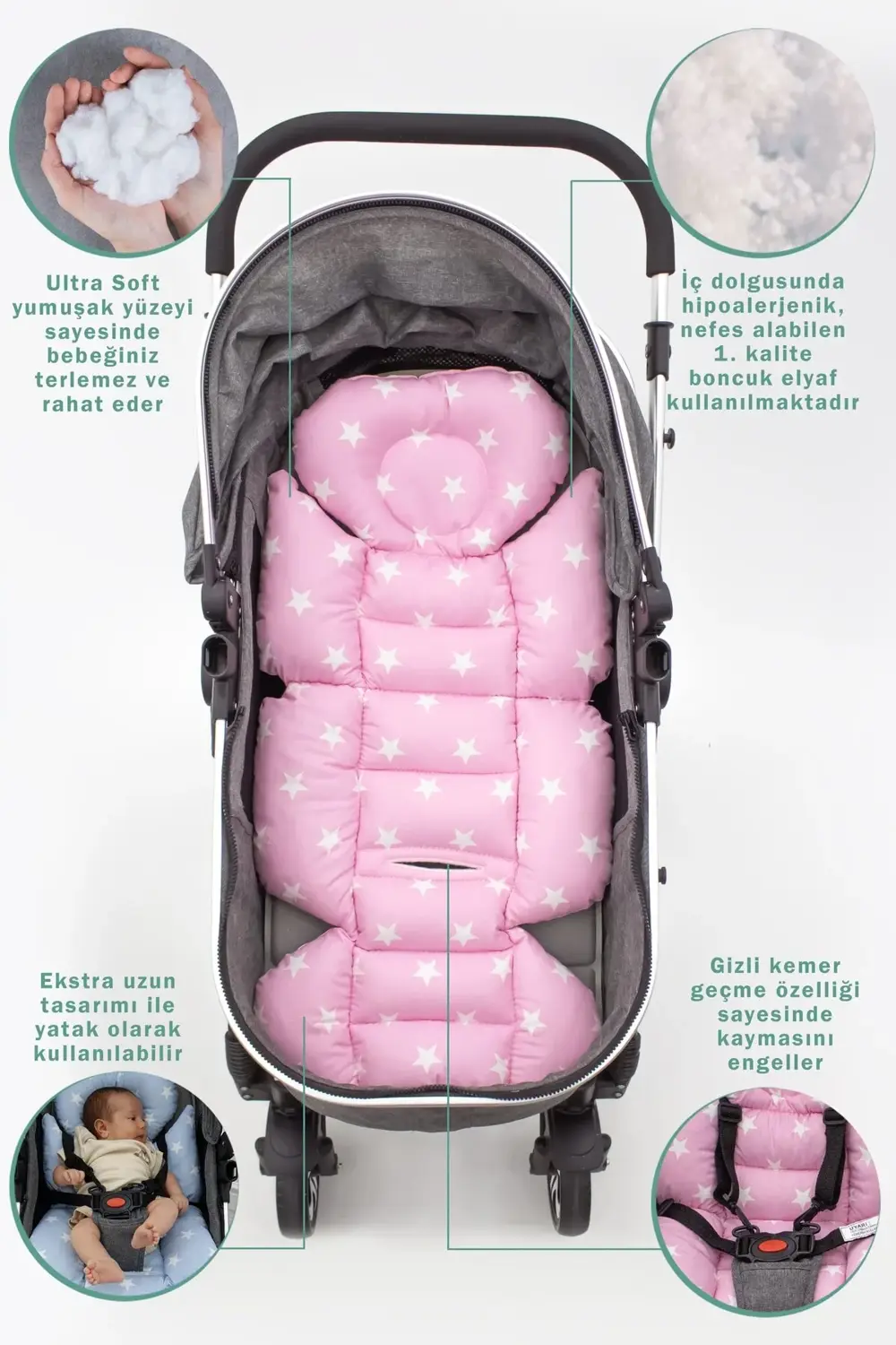 Mordesign Ortopedik Bebek Arabası Minder, Yıldız Desen, Çift Taraflı Pembe
